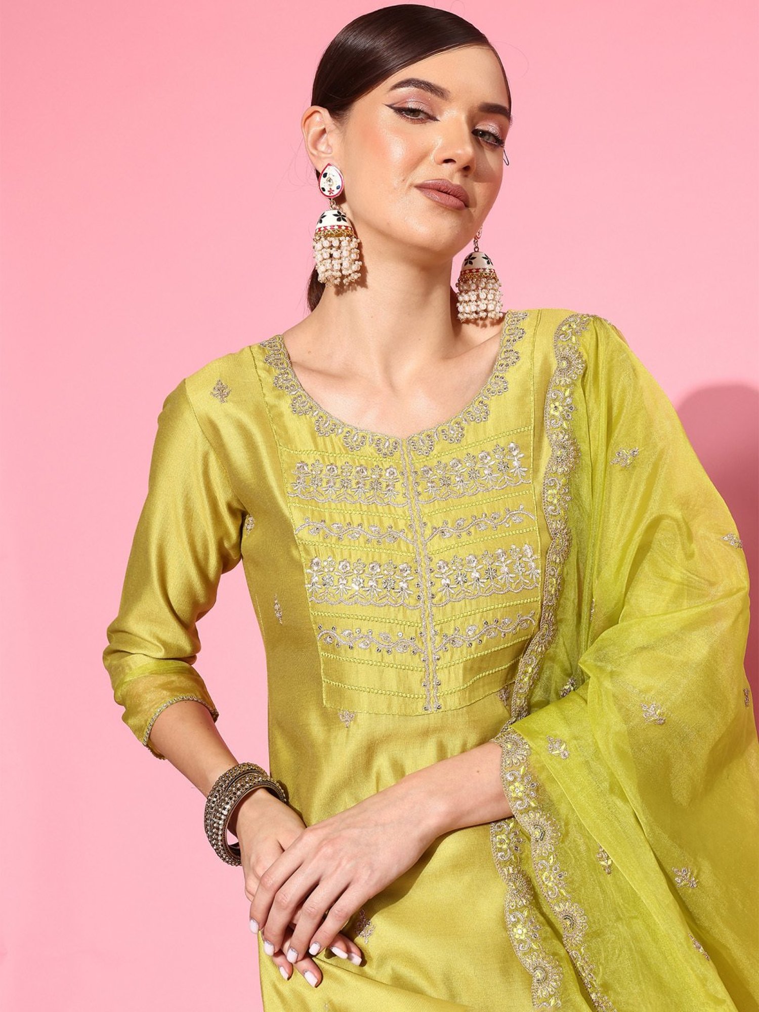 Indo Era Green Embroidered Kurta Pant Set With Dupatta