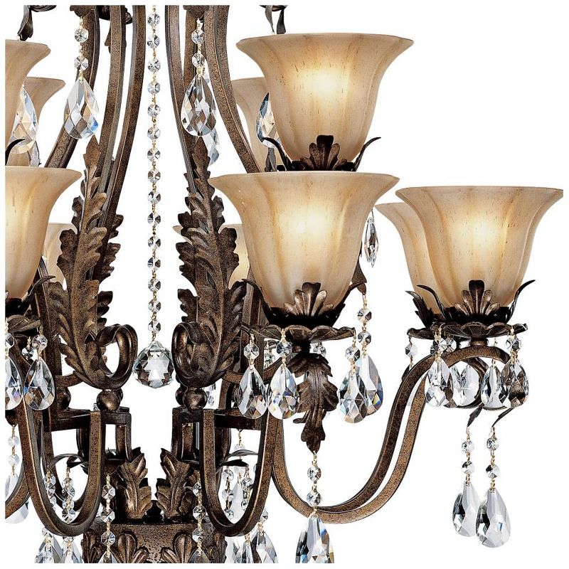 Regency Hill Roman Bronze Large Chandelier 34" Wide Two Tier Iron Leaf Crystal Creme Smoke Glass 12-Light Fixture for Dining Room