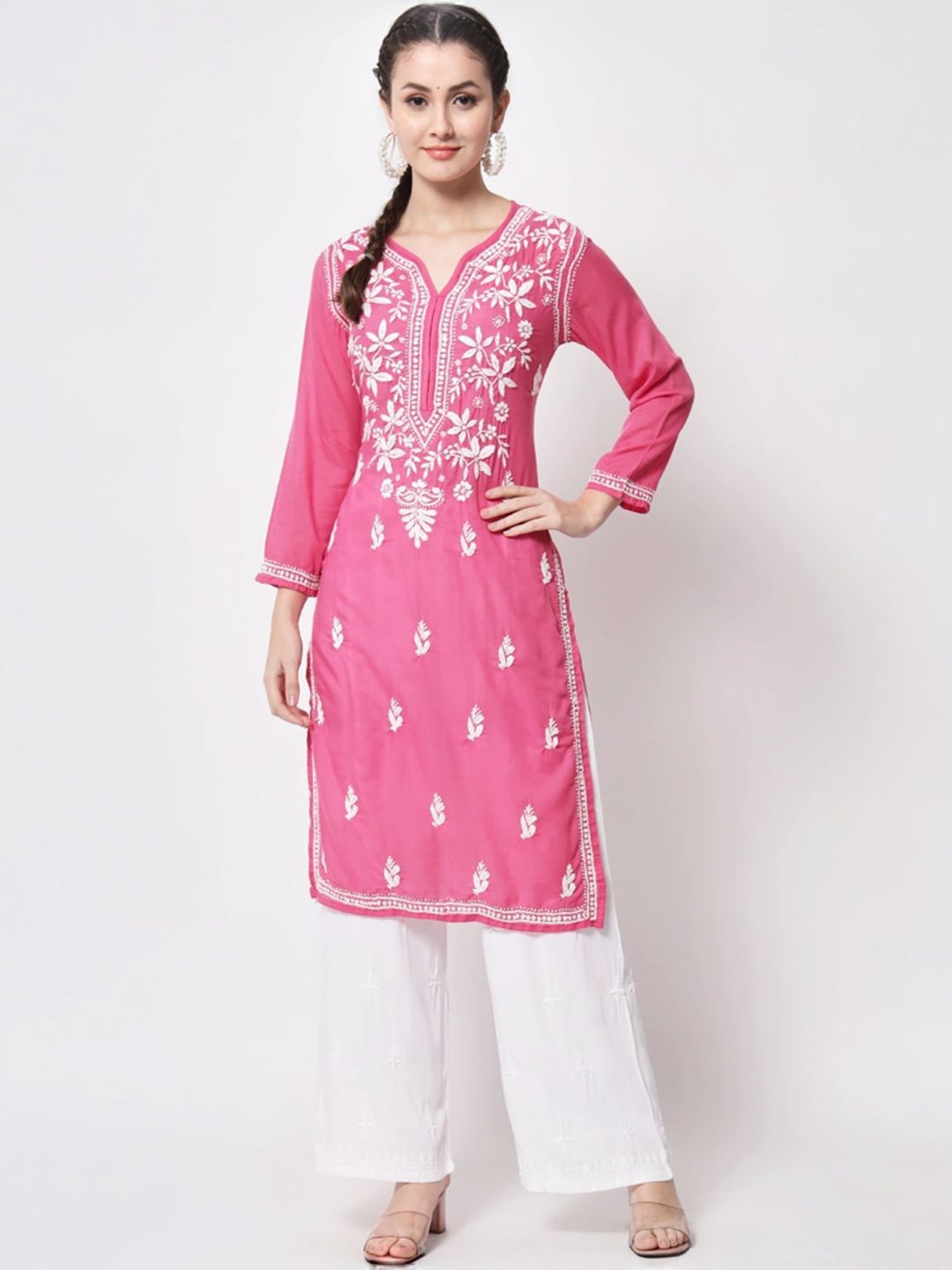 PARAMOUNT CHIKAN Hot Pink Cotton Hand Embroidered Chikankari Straight Kurta