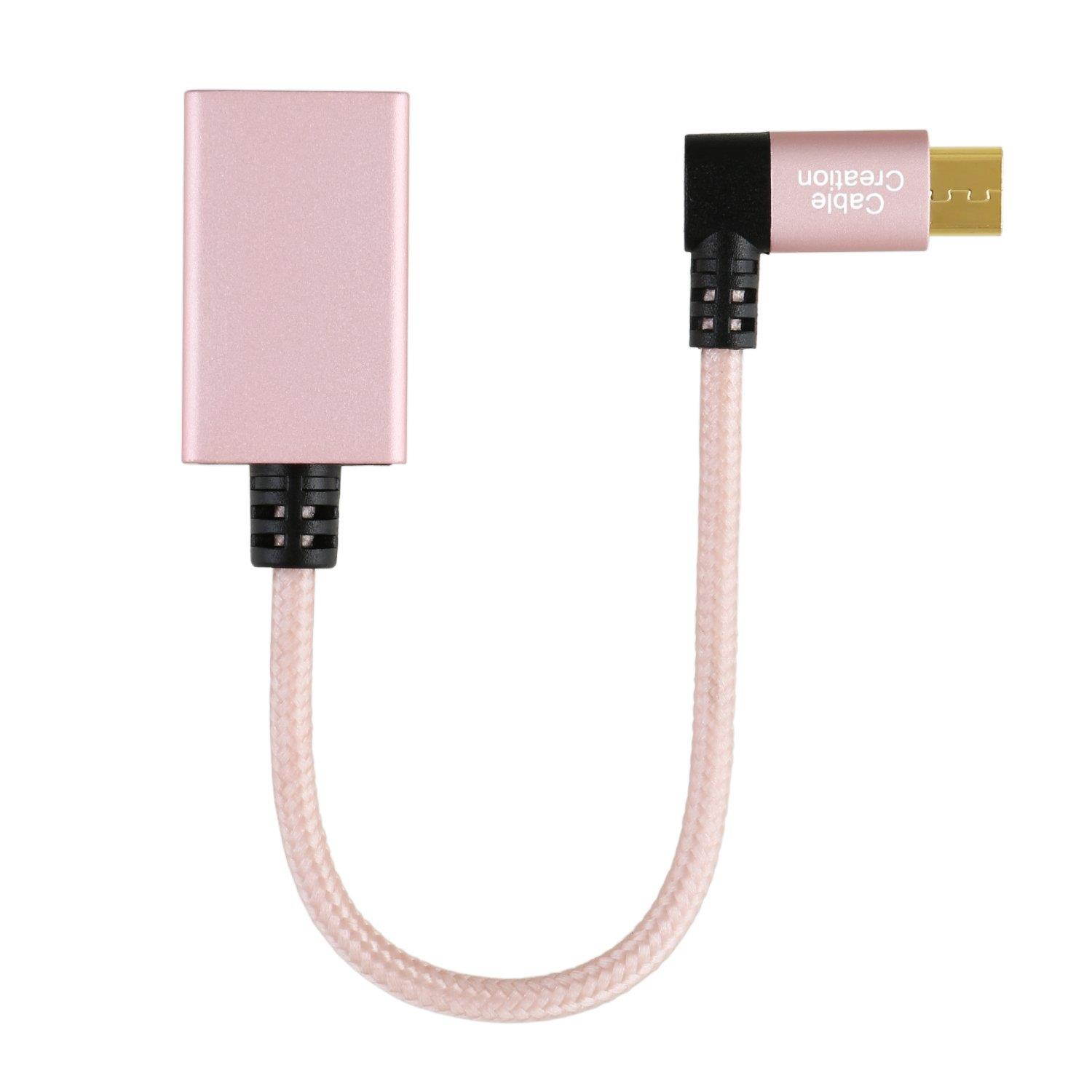CableCreation 90 Degree Micro USB 2.0 OTG Cable Left Angle Braided On The Go Adapter Micro USB Male to USB Female for Samsung or other Smart Phones with OTG Function, 6 Inch/Rose Gold Aluminum