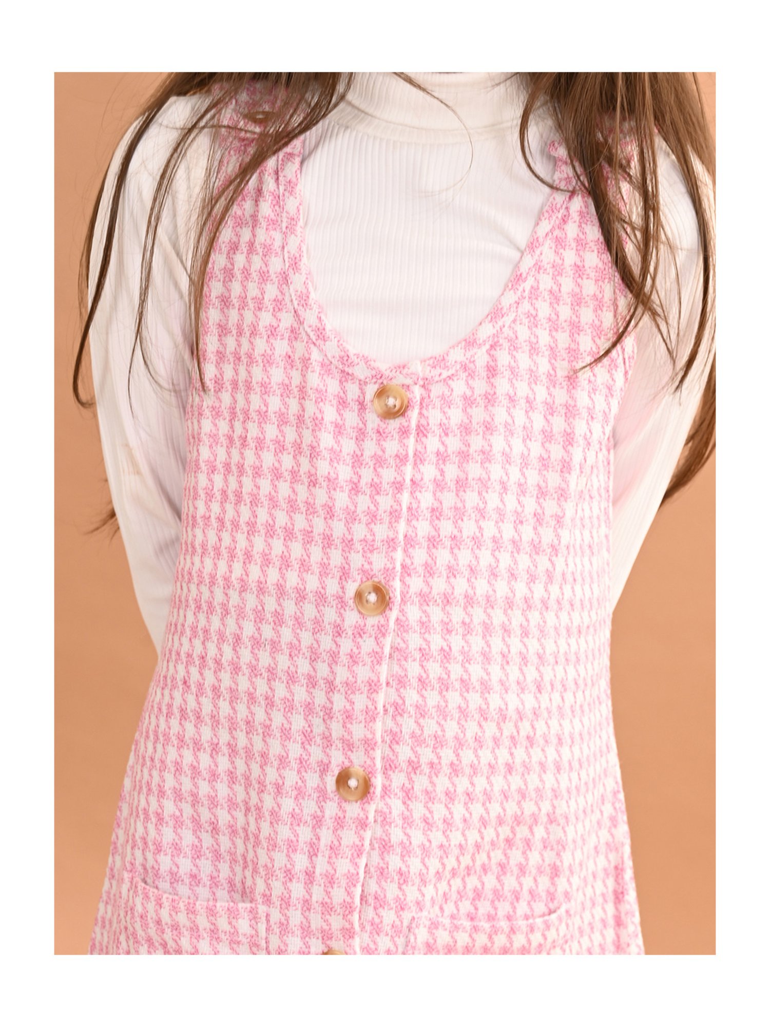 LilPicks Kids Pink & White Printed Full Sleeves Dungaree Dress with Top