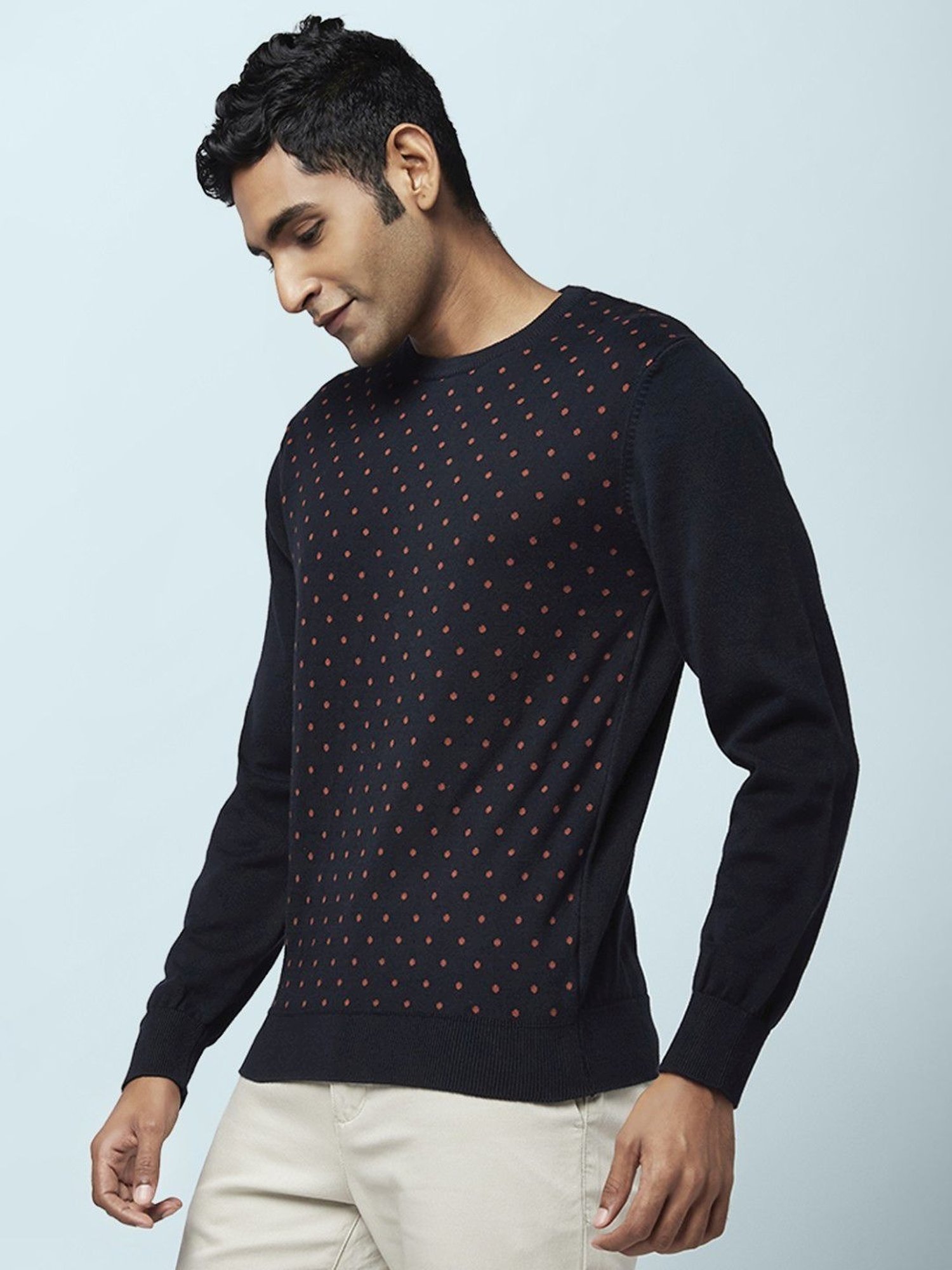 Byford By Pantaloons Navy Cotton Regular Fit Printed Sweaters