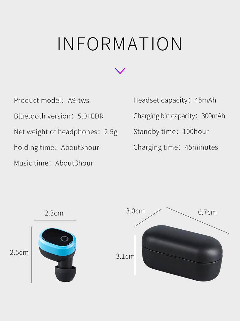 A9S Bluetooth Wireless Earbuds 5.0 TWS Headsets Wireless Hifi Stereo In Ear - Waterproof Sports Earphones with Mic