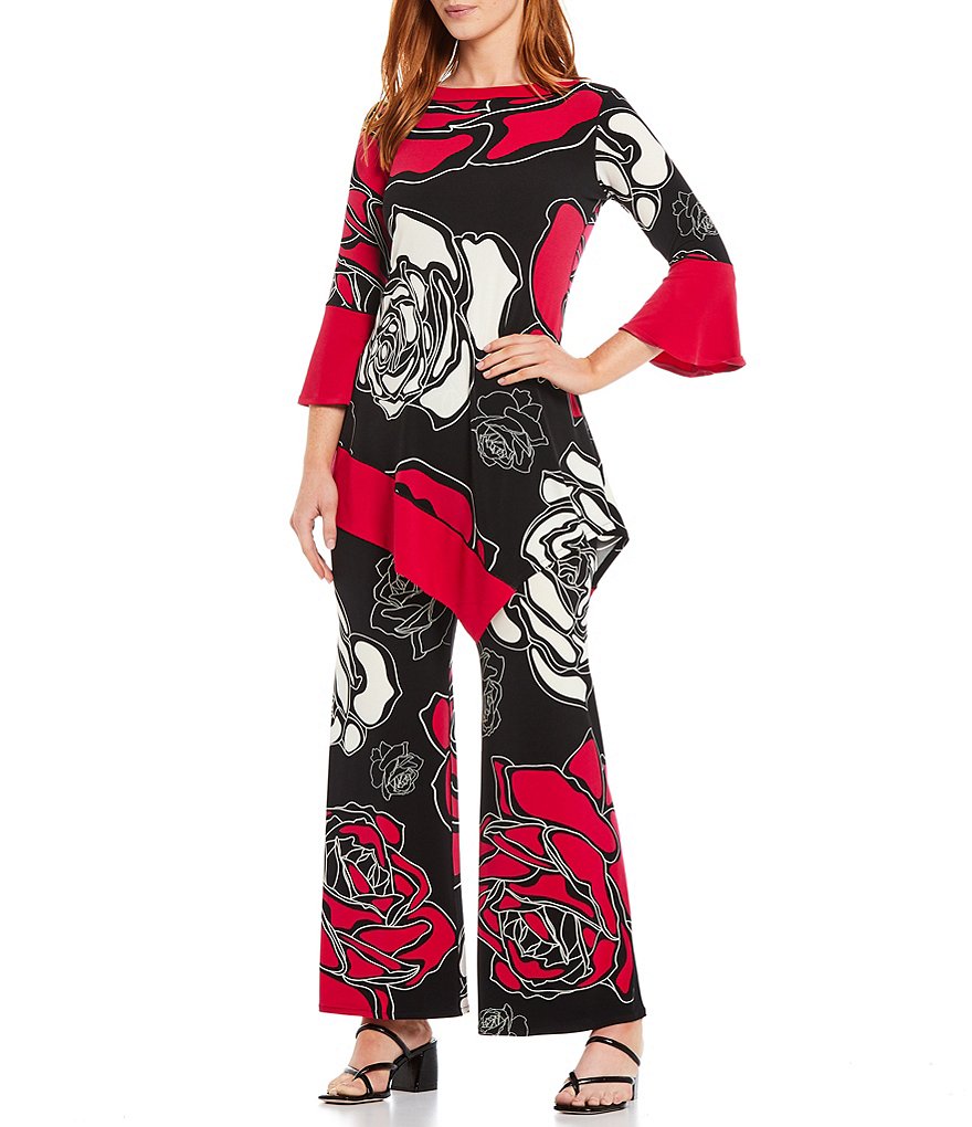 Eva Varro Sketched Rose Print Knit Bell Sleeve Asymmetric Hem Boat Neck Tunic