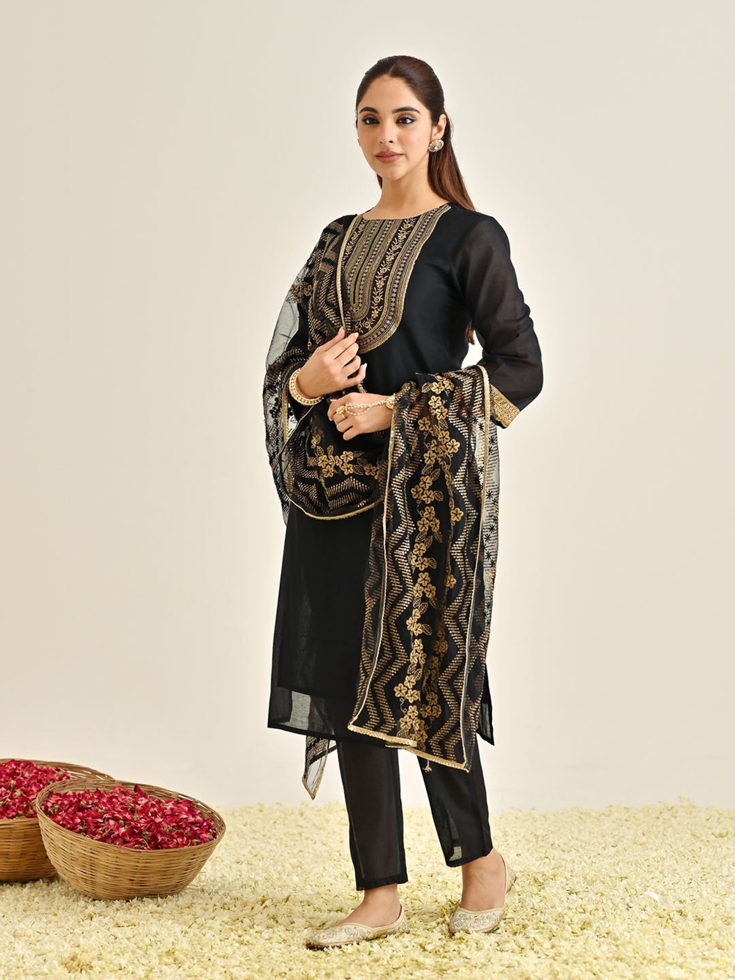 Rustorange Black Embroidered Kurta With Pant & Dupatta