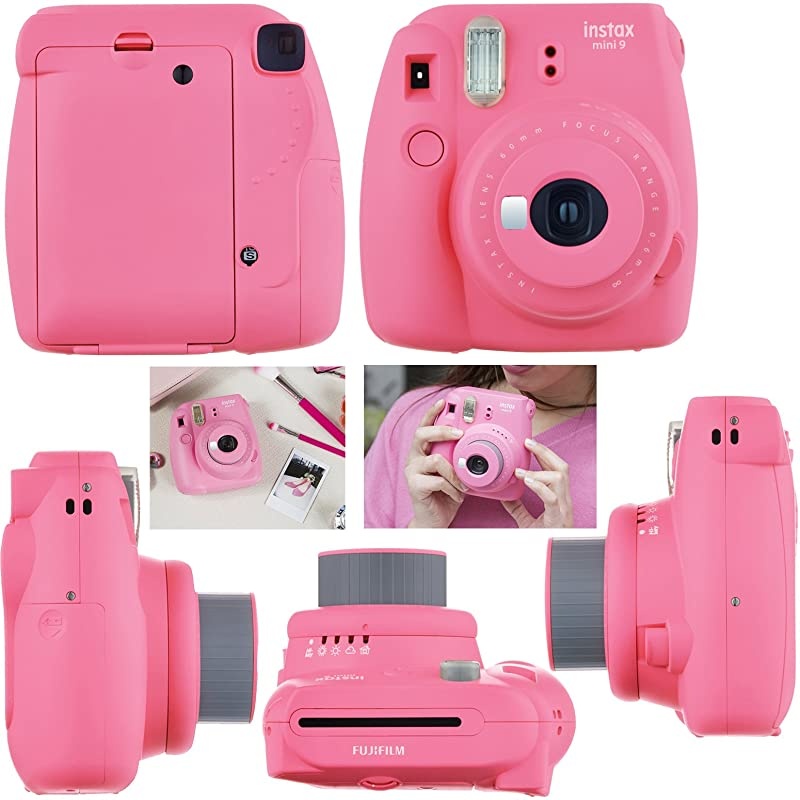 Instax Mini 9 Instant Camera Flamingo Pink + Fuji INSTAX Film (20 Sheets) + Custom Camera Case + Instax Album + 60 Colorful Stickers + 20 Emoji Stickers + Fun Frames + Colored Filters + More