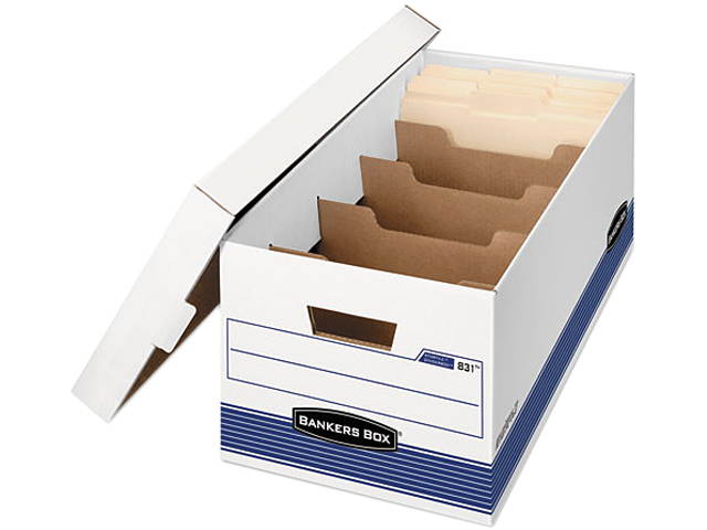 Bankers Box 0083101 Stor/File Extra Strength Storage Box, Letter, Locking Lid, White/Blue, 12/Carton