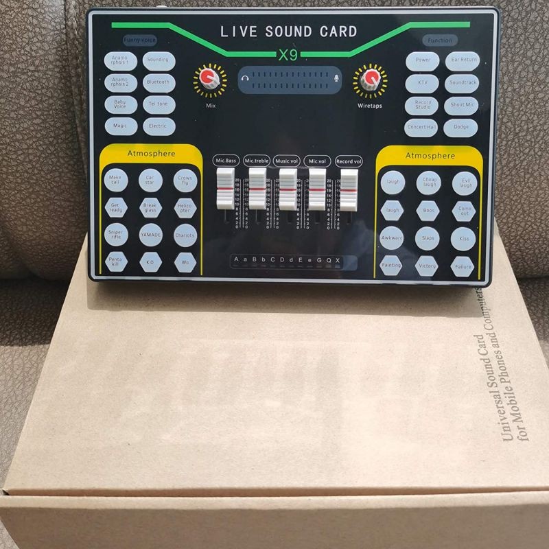 X9 Mini Audio Mixer Sound Card with DSP Independent Reverb Chip, 48V Power Multiple Sound Effects for Live Streaming Studio Recording Karoke Singing for PC or Mobile Phone