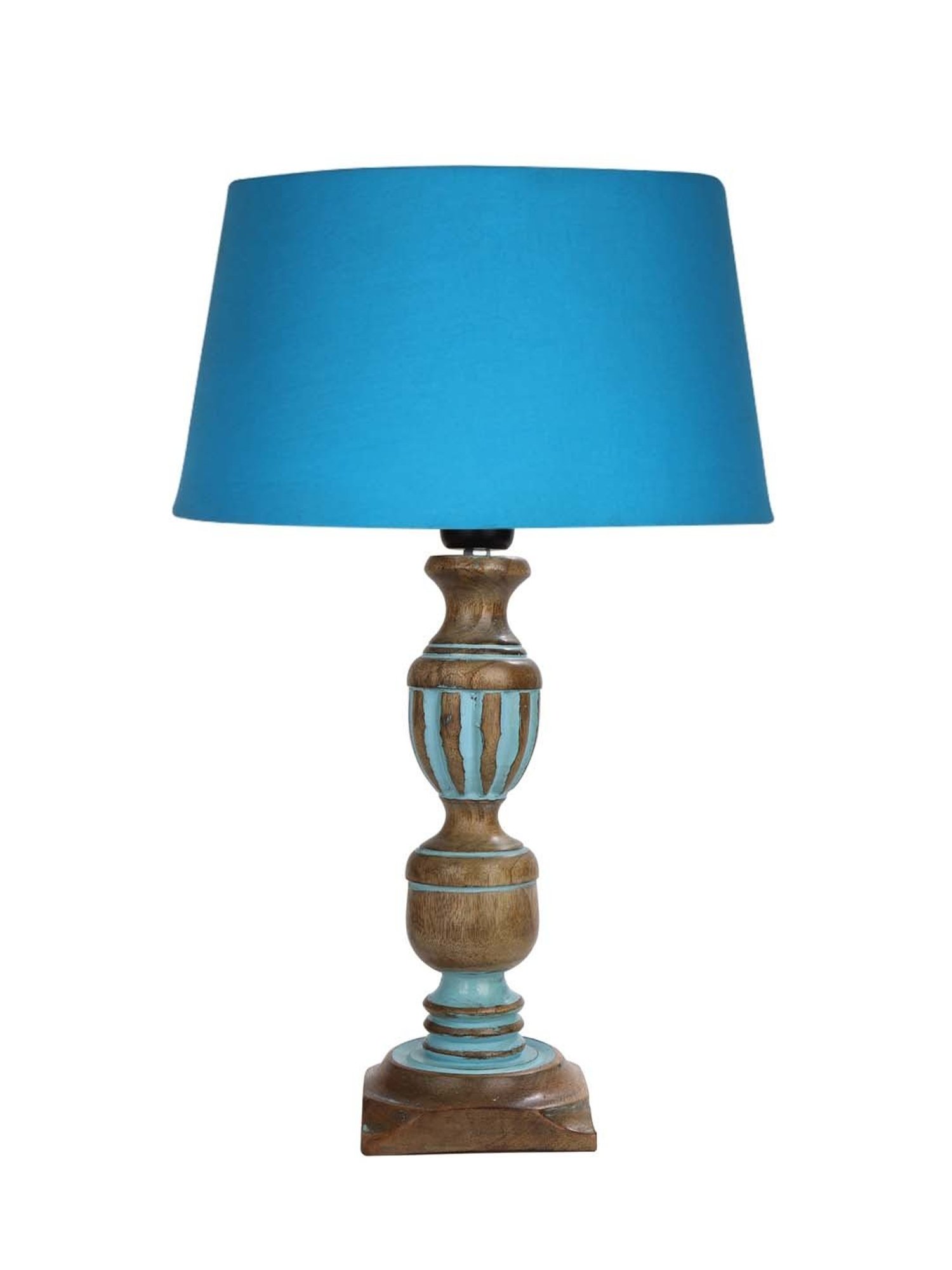Homesake 'Rustic Distress' Turquoise & Brown Wood Trophy Carved Table Lamp with Shade - Set of 1