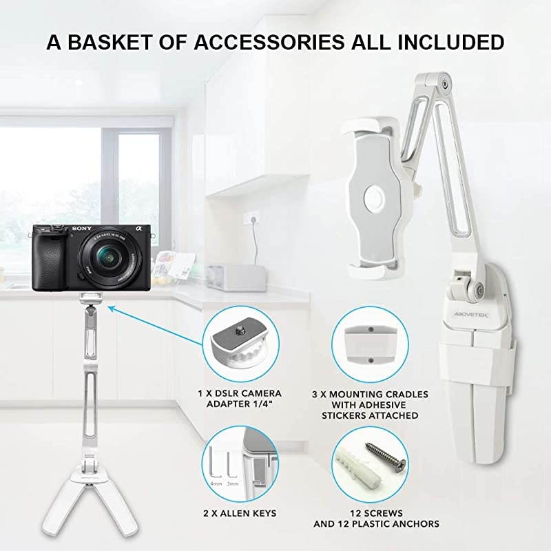 Kitchen Tablet Stand HIGHFlex 360 Superior Strength Portable 47 to 135 Inch Universal Tablet Stand amp Phone Holder for Kitchen Counter amp Wall 4 PT Wobble Free Mount White