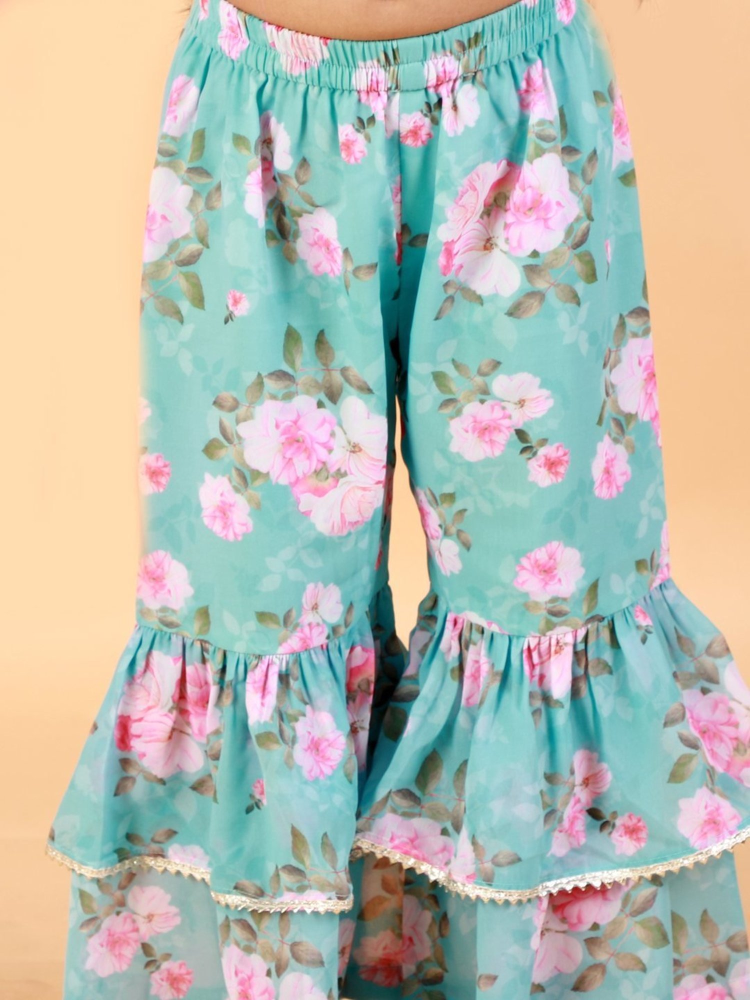 Lil Drama Kids Blue & Pink Cotton Floral Print Kurta Set