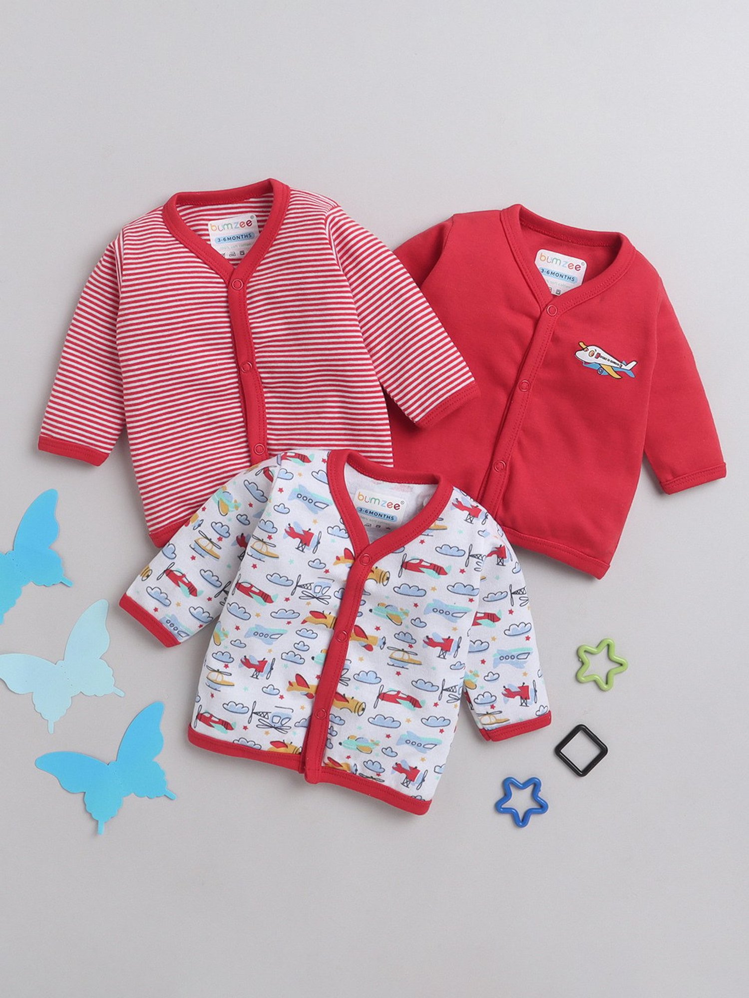 Bumzee Kids Red & White Printed Full Sleeves Jhablas (Pack Of 3)