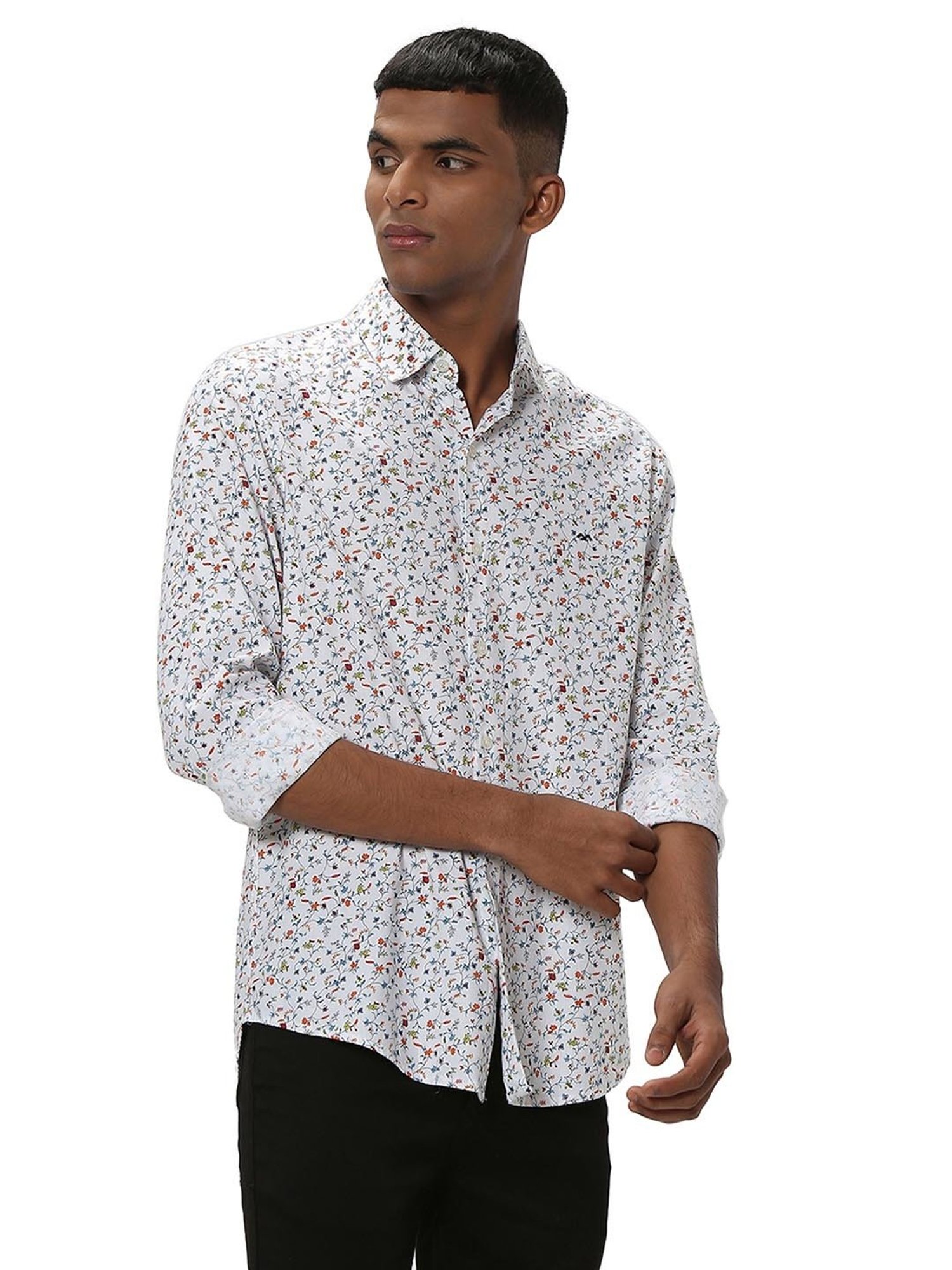 Mufti White Slim Fit Floral Print Shirt