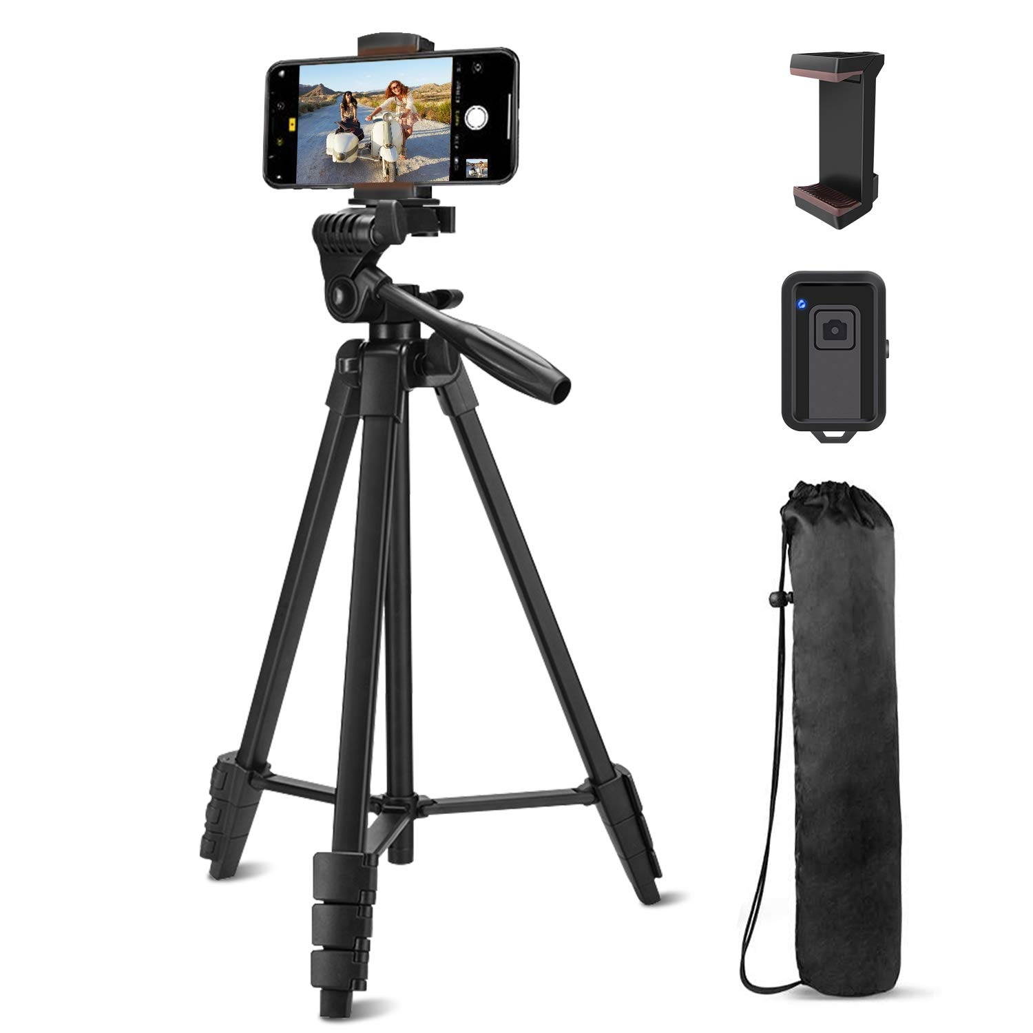 Linkcool Phone Tripod 54 inch Lightweight Aluminum Mobile Phone Tripod with Phone Holder & Wierless Remote Shutter and Carry Bag for Travel and Video Shooting - Black