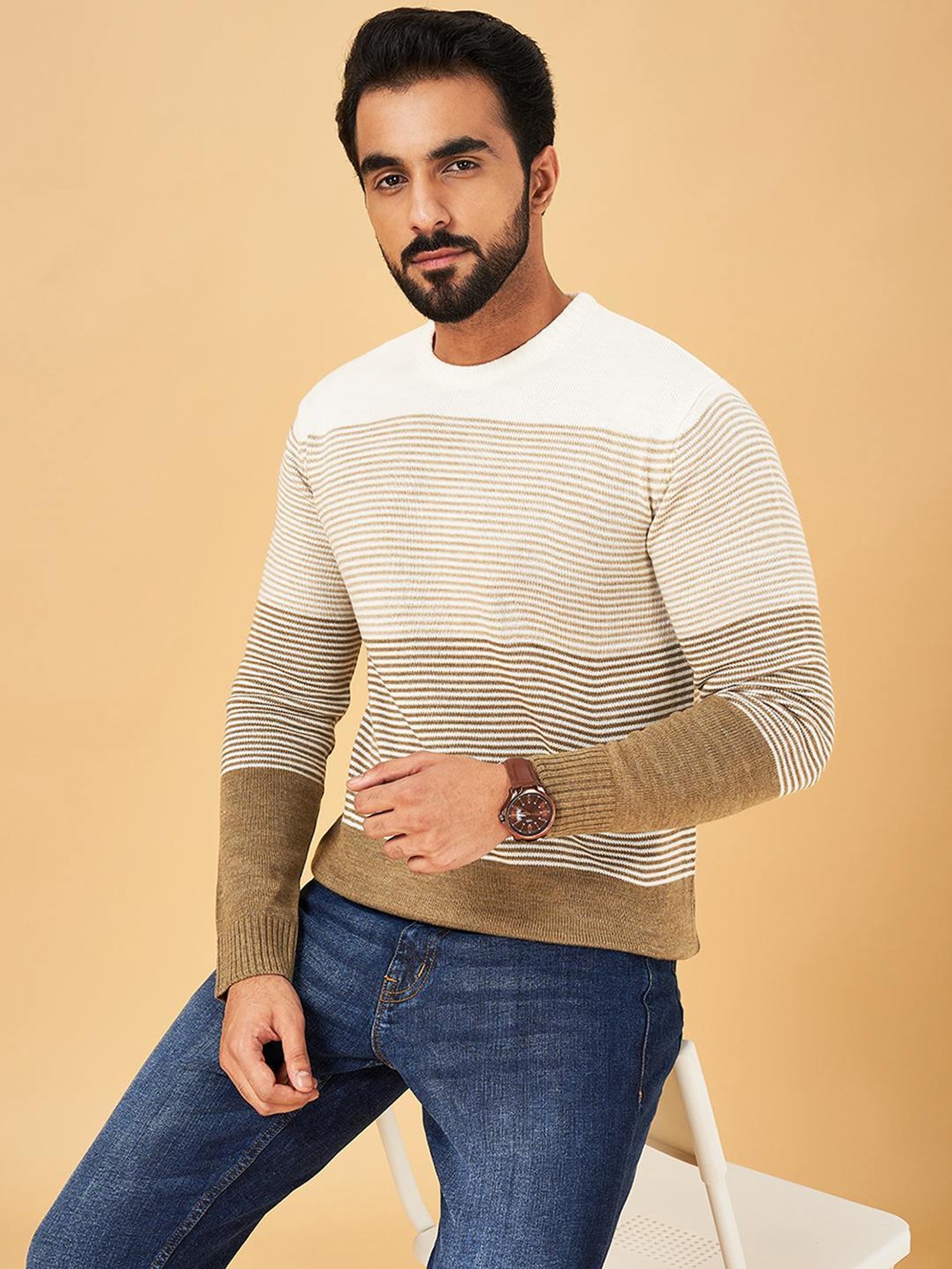YU by Pantaloons Brown Regular Fit Striped Sweater
