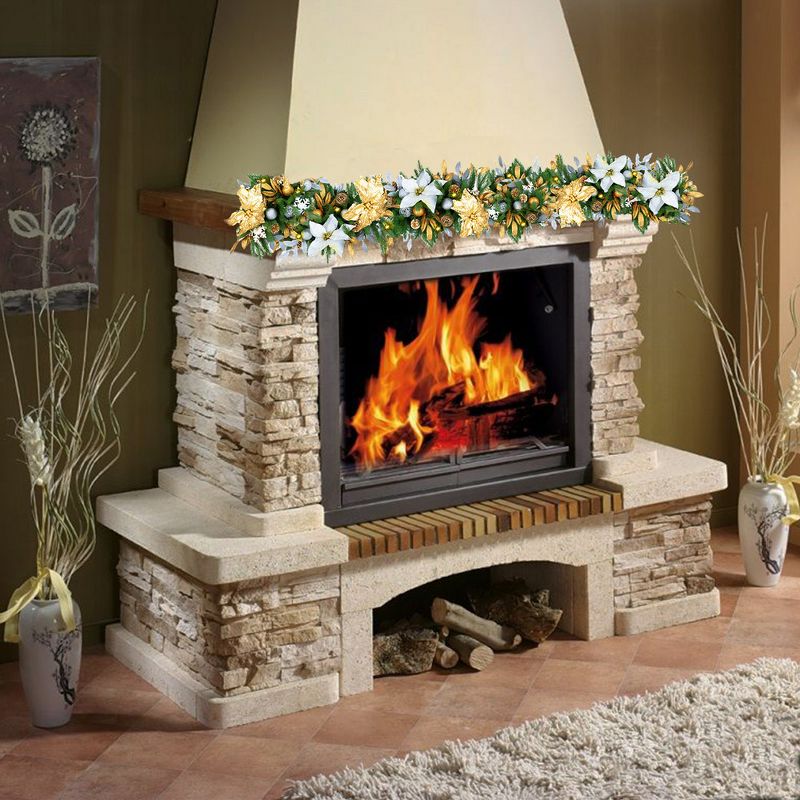 Easy Treezy Indoor Artificial 6 Foot Pre Lit Decorated Holiday Christmas Garland with White Lights, Poinsettia Flowers, Ornaments, and Pine Cones