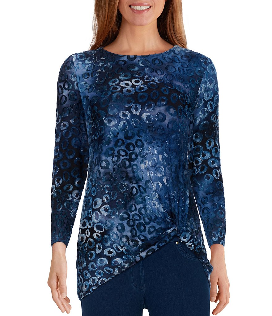 Ruby Rd. Leopard Tie-Dye Jacquard Ballet Neck 3/4 Sleeve Side Knot Hem Top