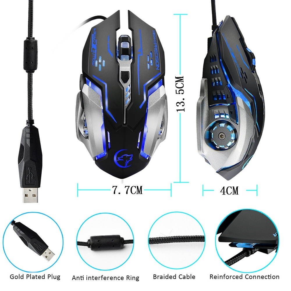 Y-FRUITFUL Gaming Mouse Ergonomic Wired Mouse 8-Key LED 6400 DPI Optical Macro Programmable USB Computer Mouse Wired Gaming Mouse with Backlight for PUBG FPS