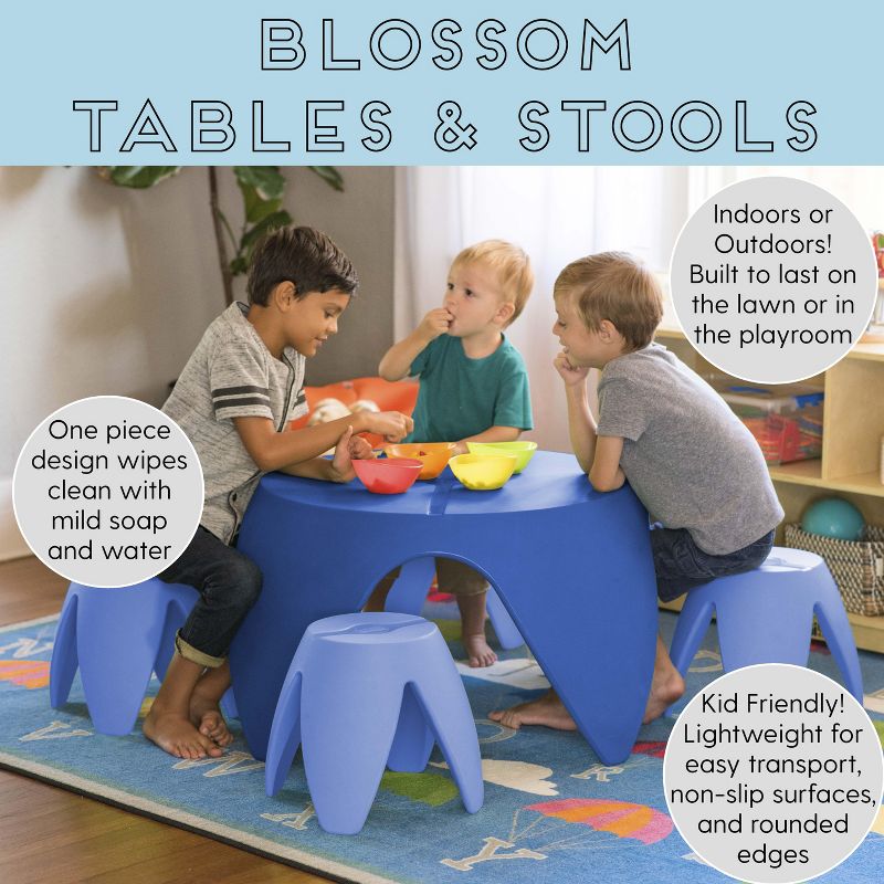 ECR4Kids Indoor/Outdoor Furniture 12" Blossom Plastic Stool for Kids, Light Blue (4-Pack)