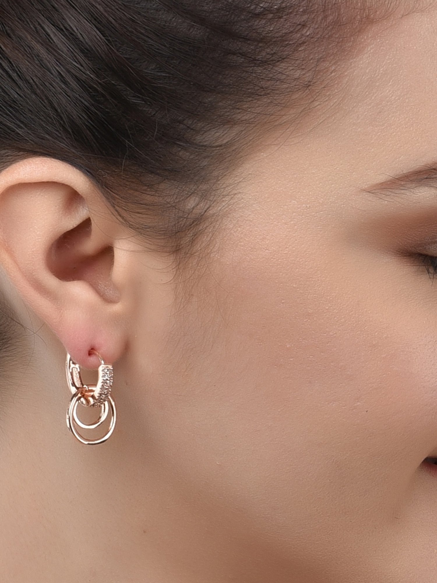 Zaveri Pearls Set of 2 Rose Gold & Gold Tone Cubic Zirconia Brass Stud & Hoop Earrings - ZPFK11161