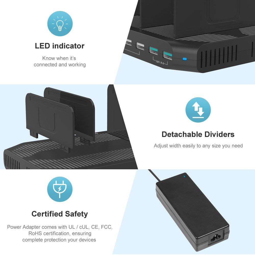 iPad Charging Station, Unitek 10-Port USB Charging Stand Charger Dock with Quick Charge 3.0 Compatible Multiple Device, Charging Station with 96W 19.2A Support 8 iPads Simultaneously -Upgraded Divider