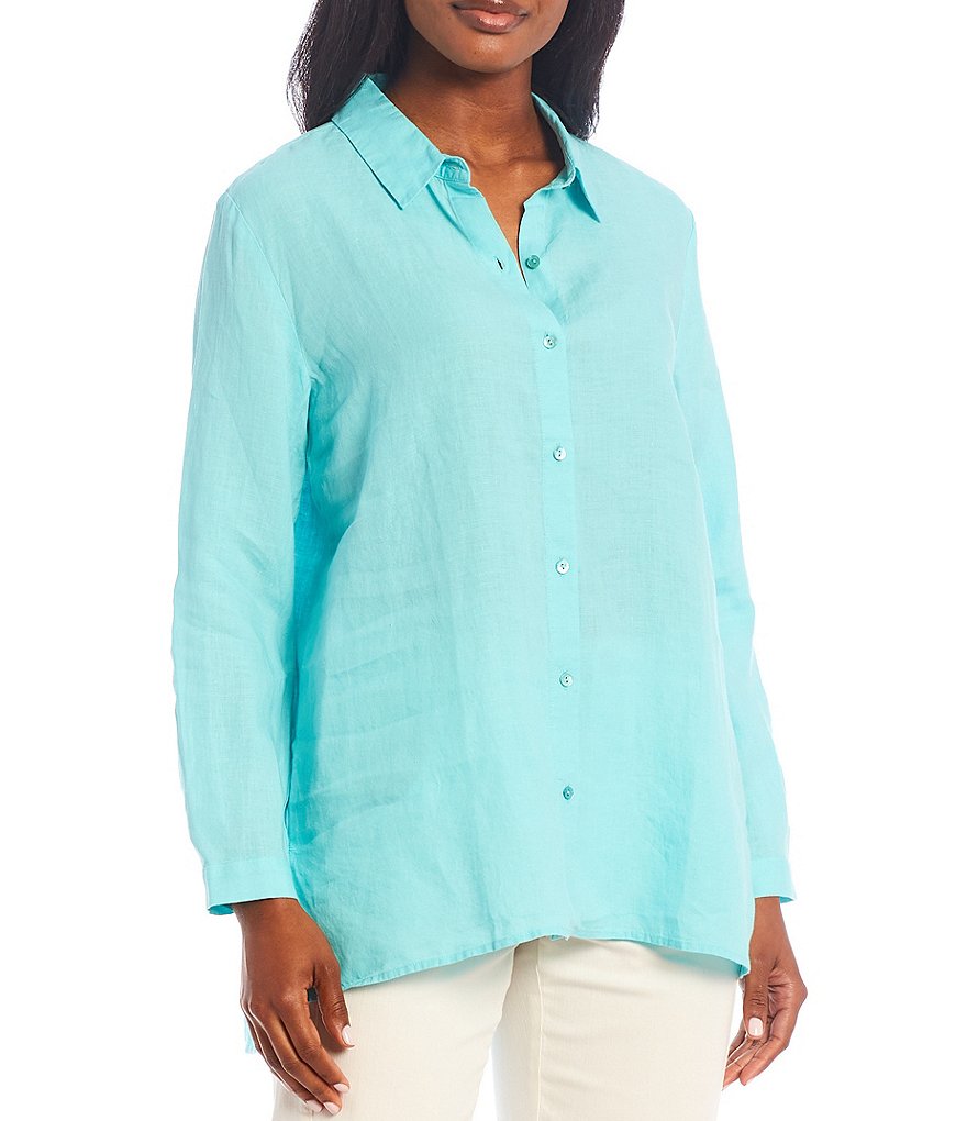 Eileen Fisher Petite Size Organic Handkerchief Linen Classic Collar Boxy Shirt