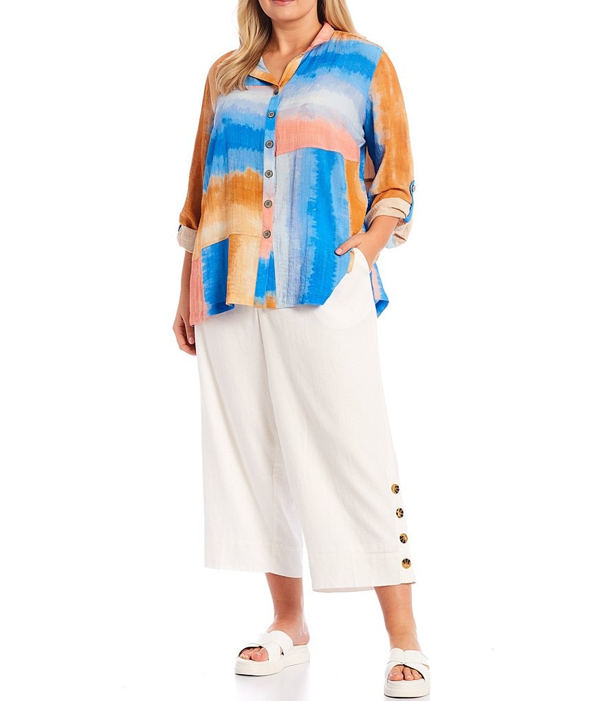 John Mark Plus Size Tie Dye Block Print Point Collar Neck 3/4 Roll-Tab Sleeve Back Pleat Seams Detail Button Down Blouse