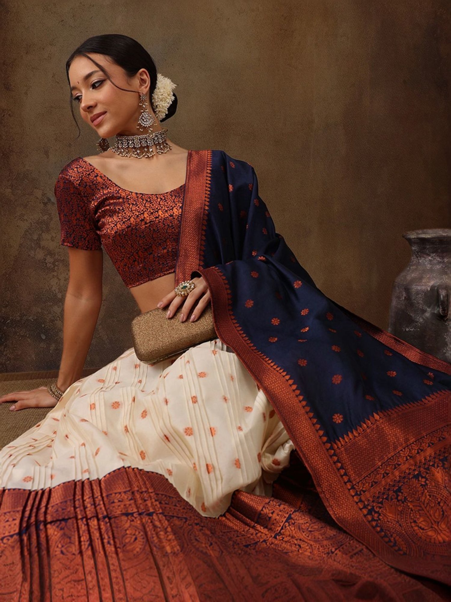 Silk Land Beige & Navy Woven Pattern Semi Stitched Lehenga Choli Set With Duppata