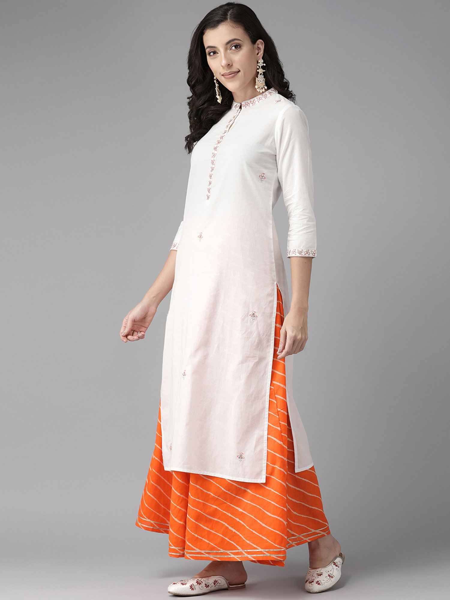 Prakrti White & Orange Cotton Embroidered Kurta & Palazzo Set