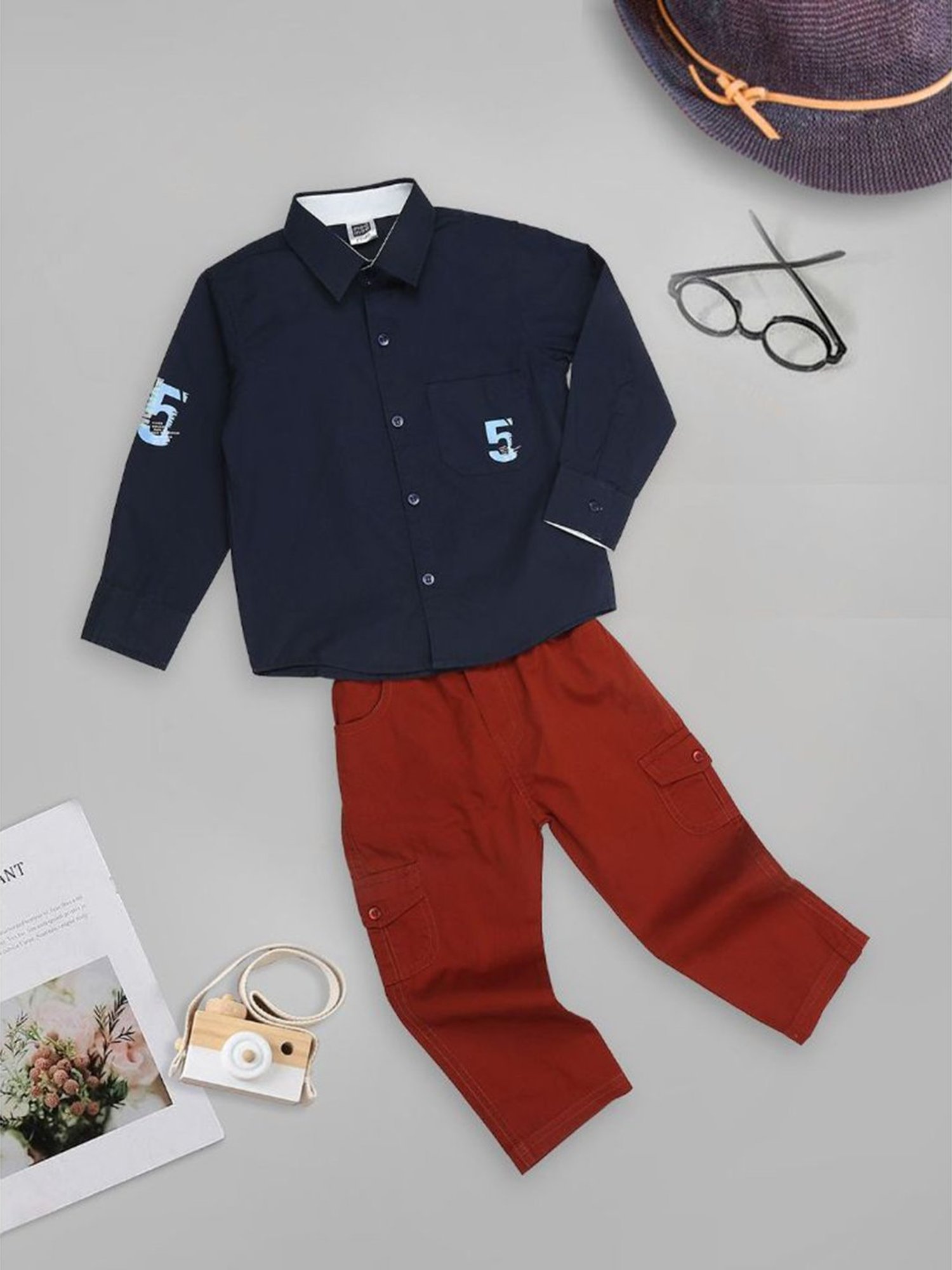 Mee Mee Kids Navy & Rust Solid Full Sleeves Shirt with Trousers