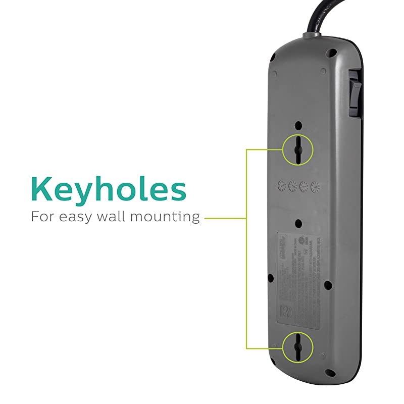 7 Outlet Power Strip Surge Protector 2 USB Charging Ports 4ft Power Cord Flat Plug Wall Mount 1440 Joules ETL Listed Circuit Breaker Automatic Shutdown Black SPP6270BC37