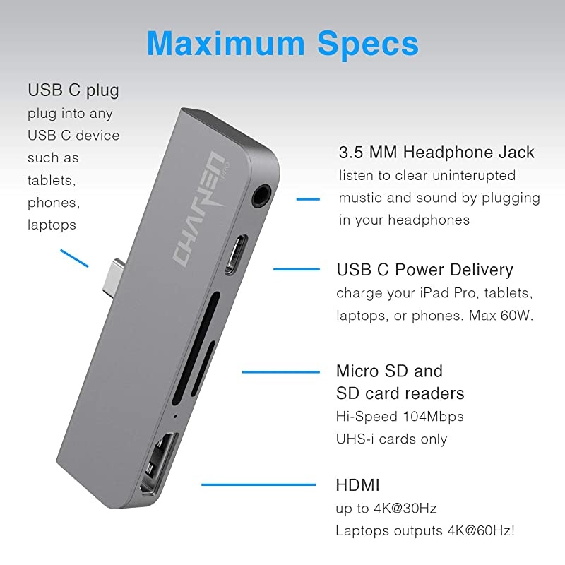 USB C Hub for iPad Pro 11 129 2020 2018 MacBook Pro 16 15 13 2020 2019 2018 MacBook Air 2020 2019 2018 100W Power HDMI 4K microSD SD Card Reader 35mm Jack