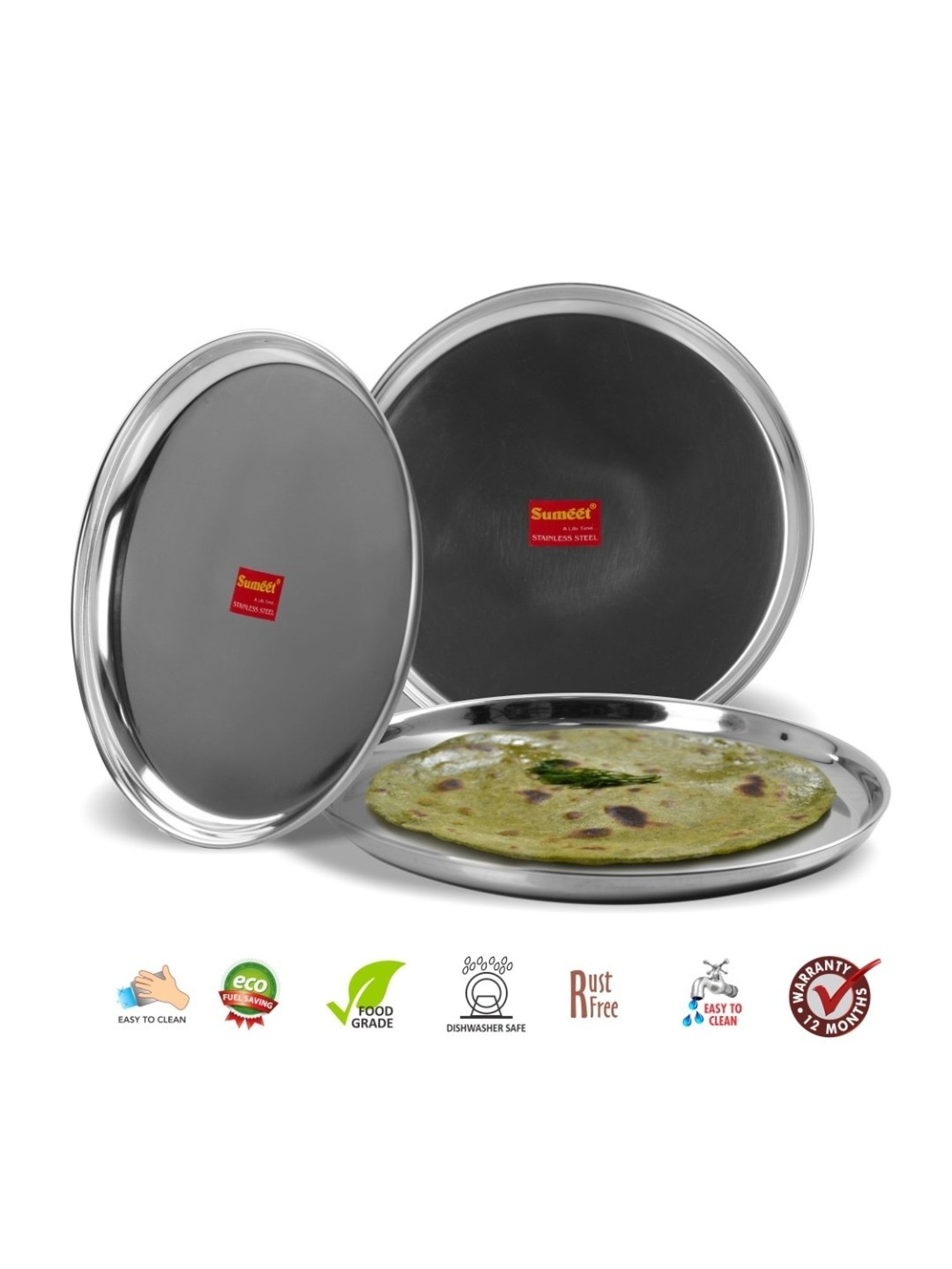 Sumeet Stainless Steel Heavy Gauge Dinner Plates with Mirror Finish 27.5cm Dia - Set of 3pc