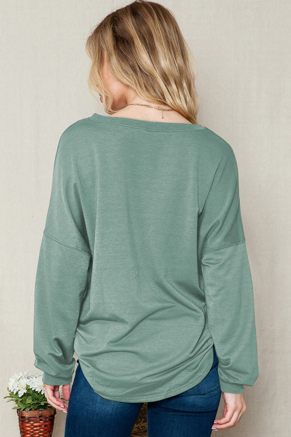 Pale Green Solid Color V Neck Drop Long Sleeve Top