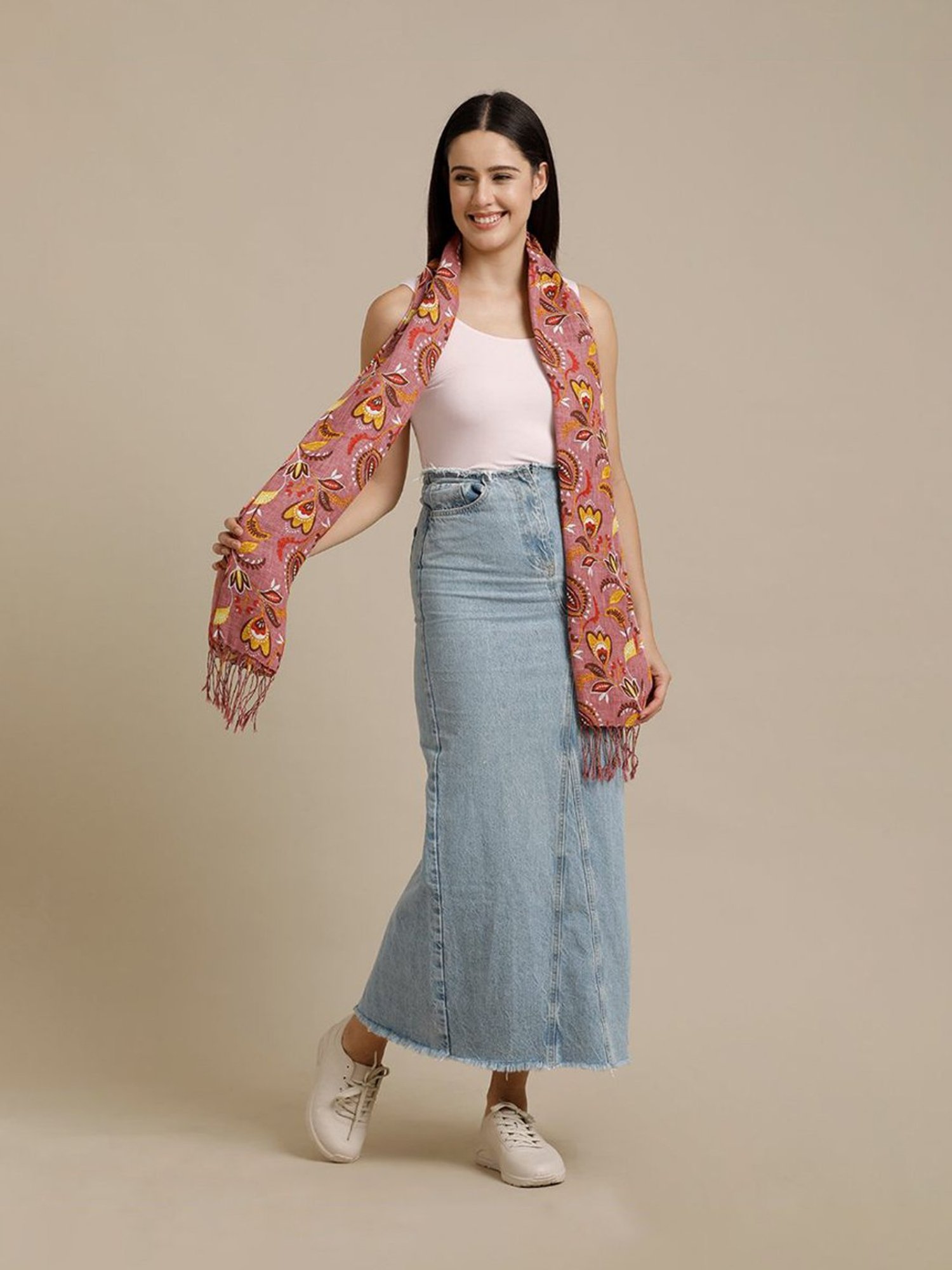 Linen Club Pink Printed Pure Linen Stole