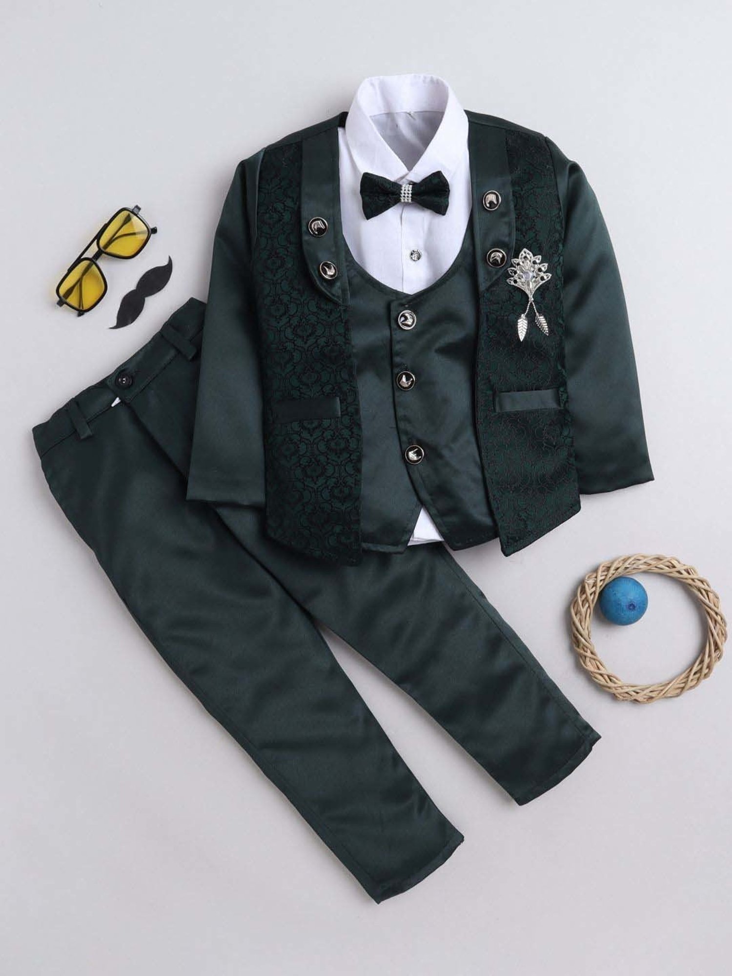 Fourfolds Boys Dark Green Solid Full Sleeves Clothing Set