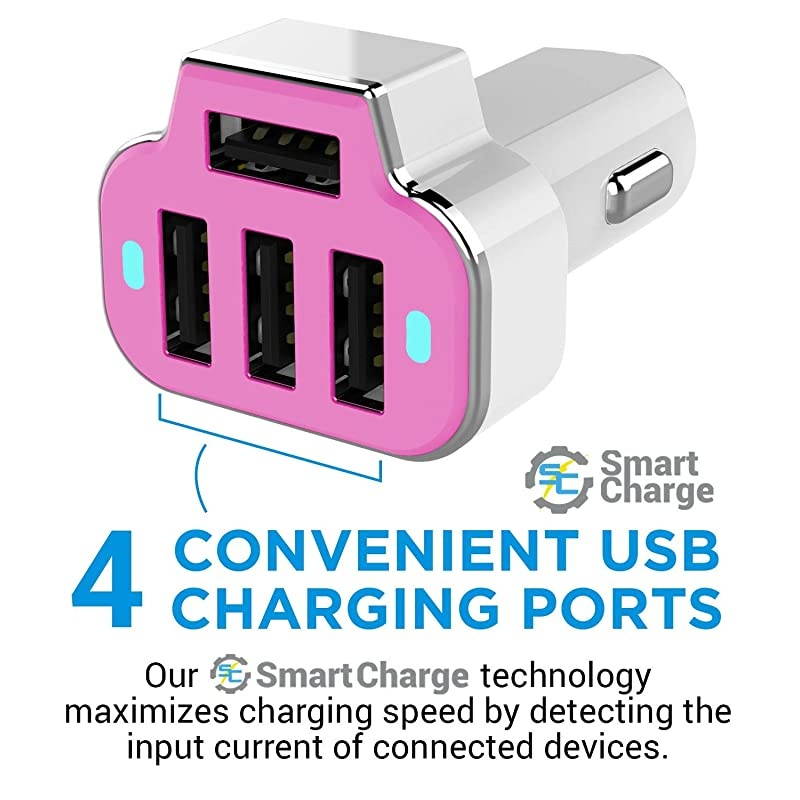 4 Port Car Charger USB Adapter 12V Fast Car Charger USB Adapter Power Station 52A26W Output Pink