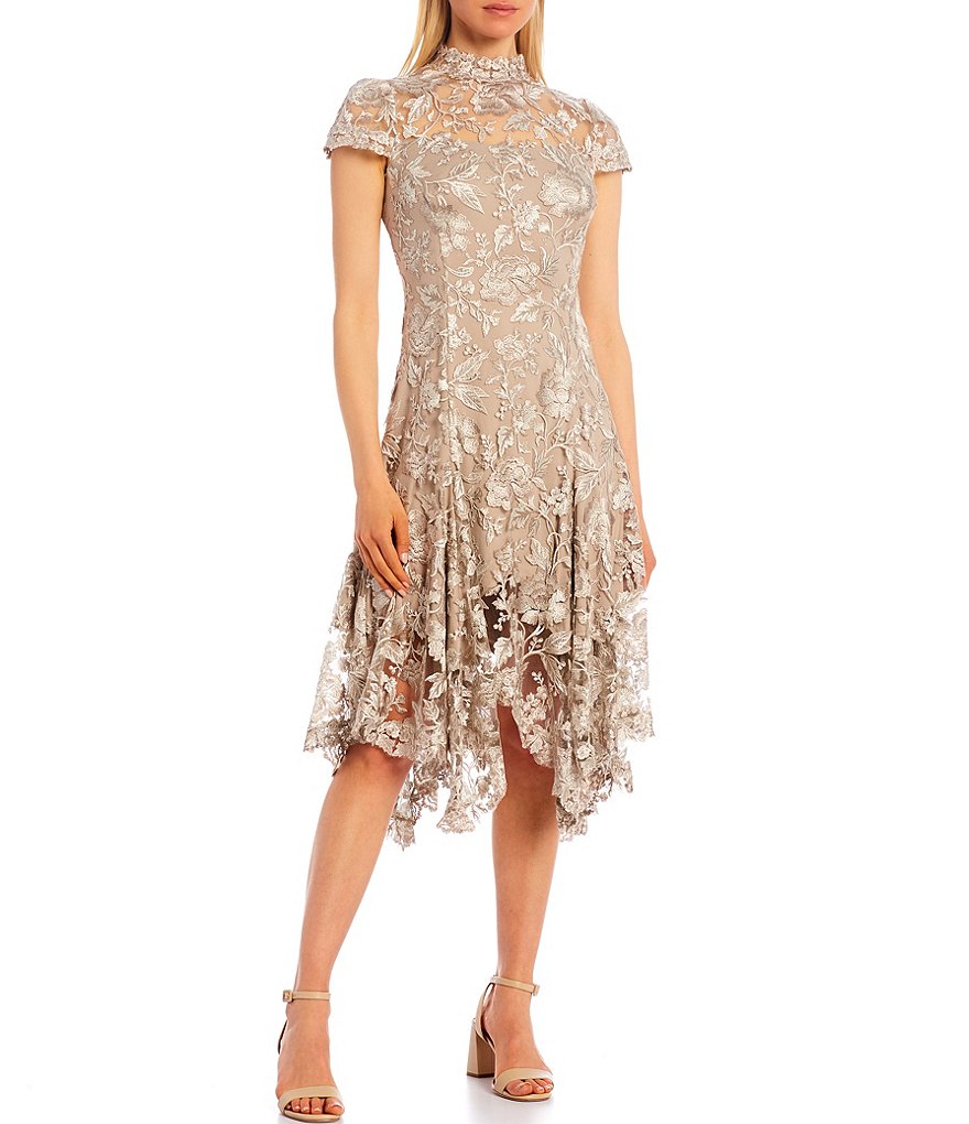 Tadashi Shoji Illusion Mock Neck Lace Cap Sleeve Midi Dress