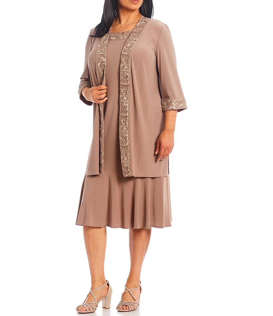 Le Bos Plus Size Round Neck 3/4 Sleeve Embroidered Trim 2-Piece Duster Jacket Dress