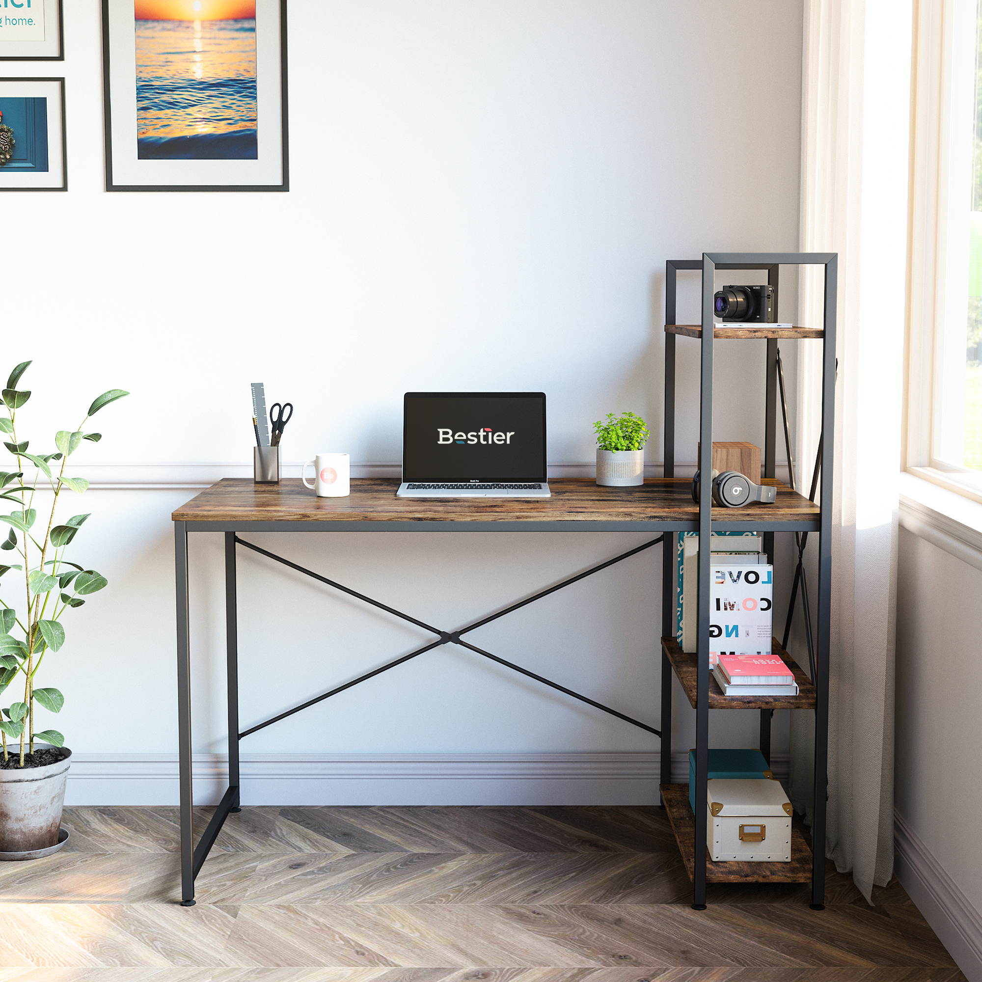 Bestier 63 Inch Computer Desk with Storage Shelves, Modern Bookshelf Desk with Headphone Hook Large Workstation Writing Desk with Reversible Bookshelves Home Office Work Table Study Desk Grey