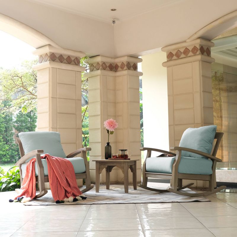 3pc Teak Caterina Patio Rocking Chair Chat Set with Cushions - Blue Spruce - Cambridge Casual