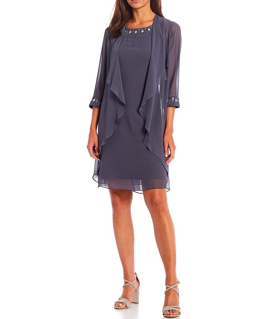 Ignite Evenings Embellished Chiffon Cascading Front Round Neck 3/4 Sleeve 2-Piece Jacket Dress