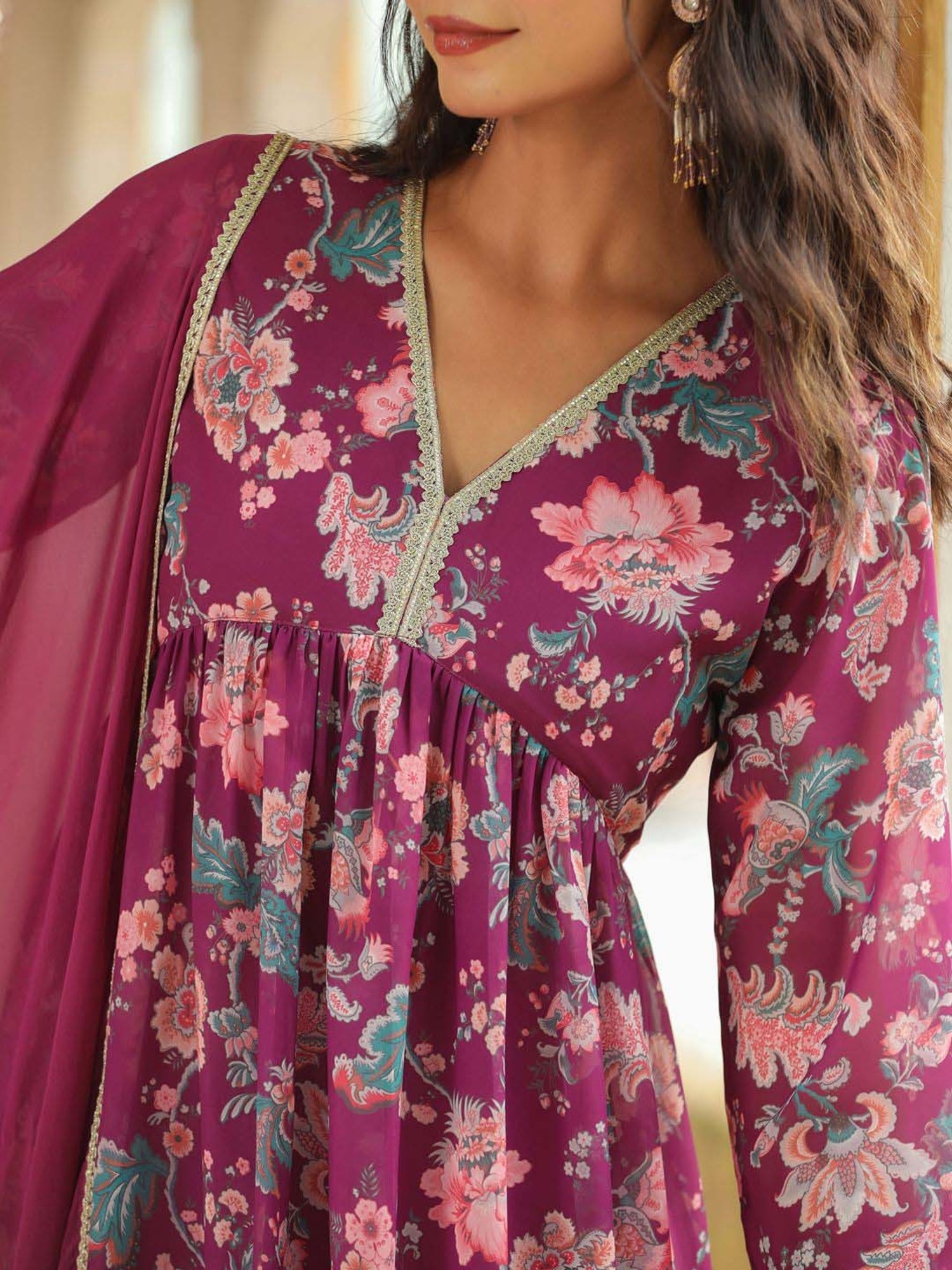 Janasya Purple Printed Kurti Sharara Set With Dupatta