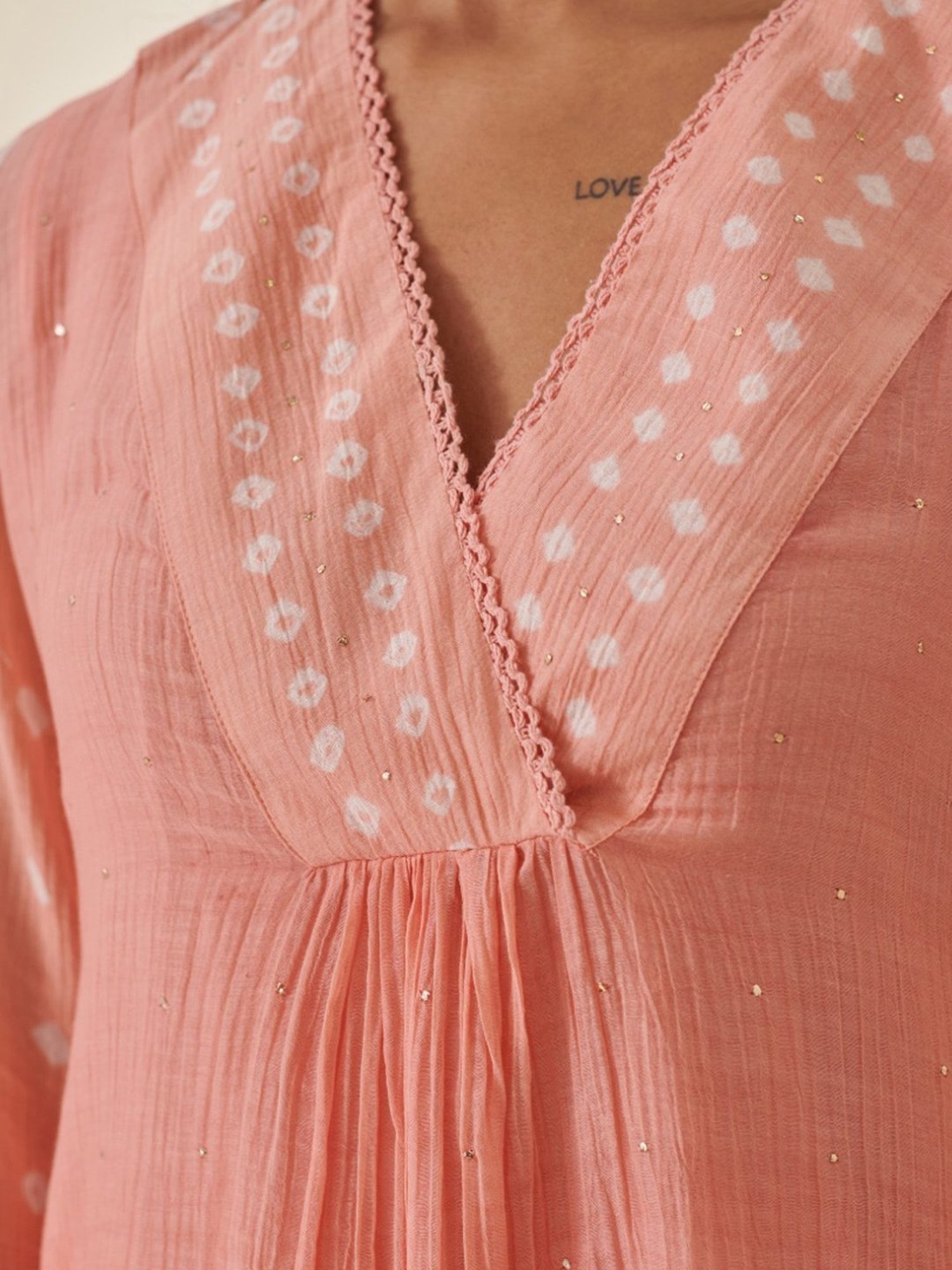 Prakriti Jaipur Peach Bandhej Bandhani V-neck Shirt