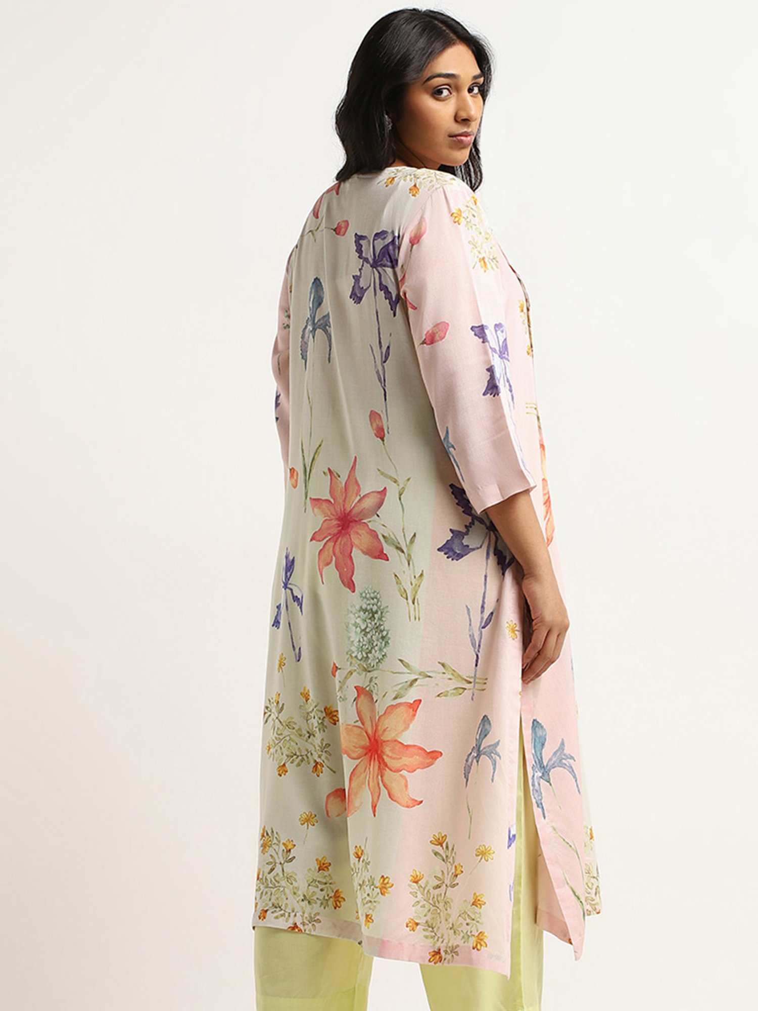 Diza by Westside Pink Floral Pintuck Cotton Kurta