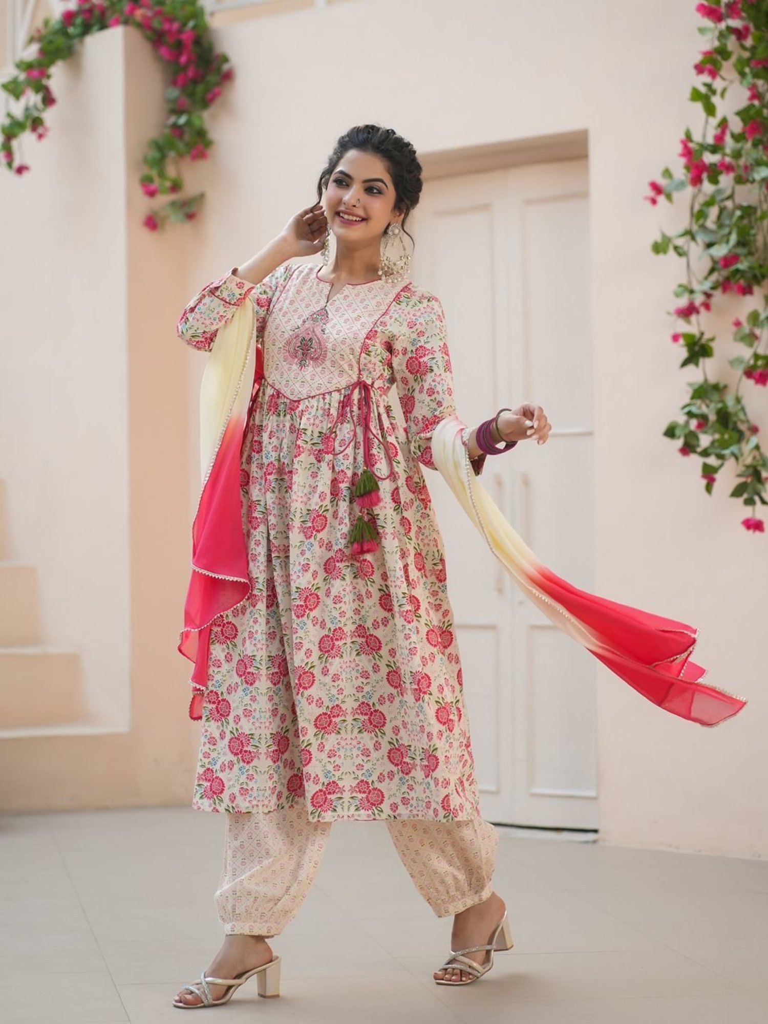Rain and Rainbow Cream Cotton Embroidered Kurta & Salwar Set With Dupatta