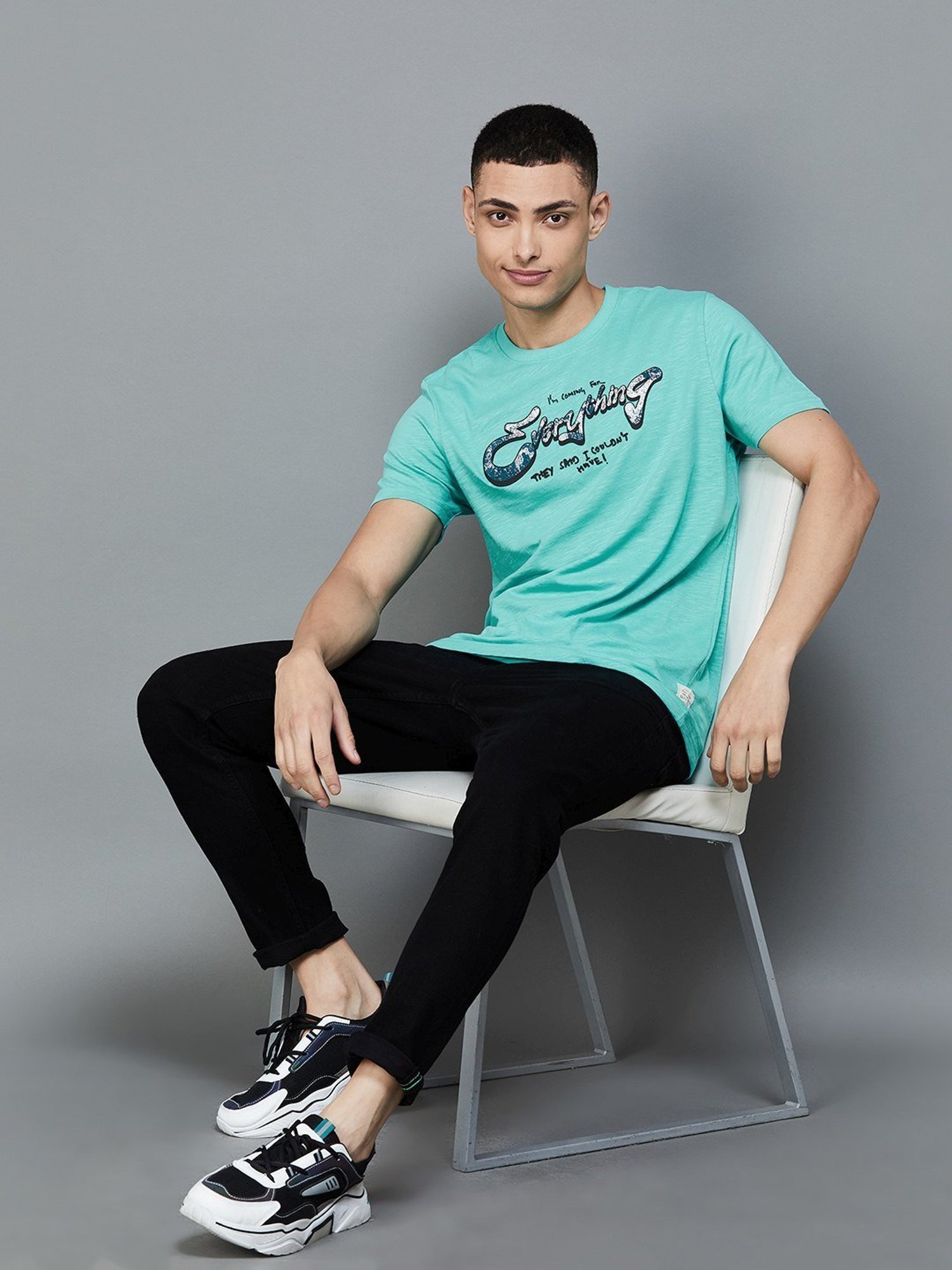 Forca by Lifestyle Turquoise Cotton Slim Fit Printed T-Shirt