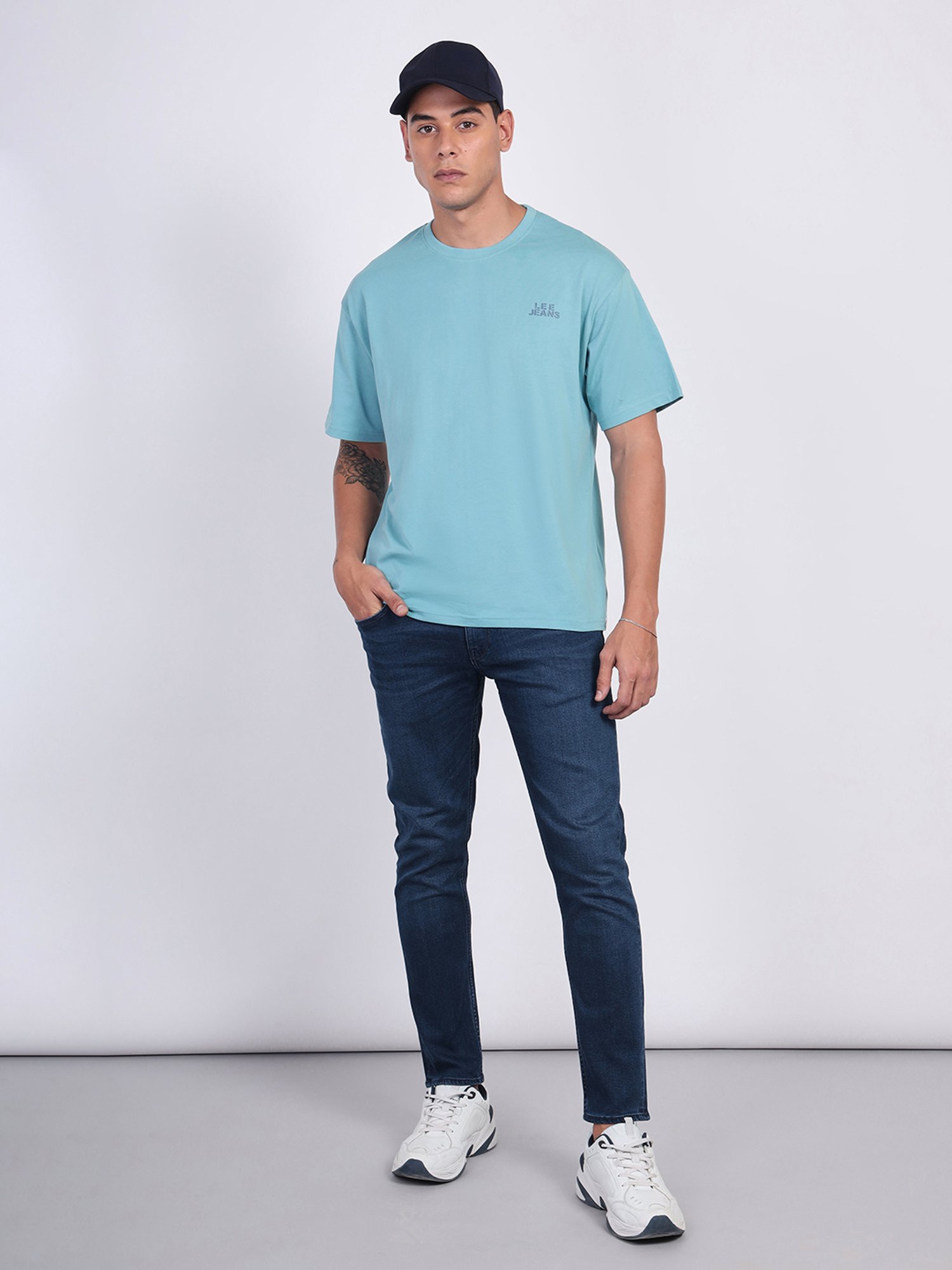 Lee Blue Loose Fit Printed Cotton Oversized Crew T-Shirt