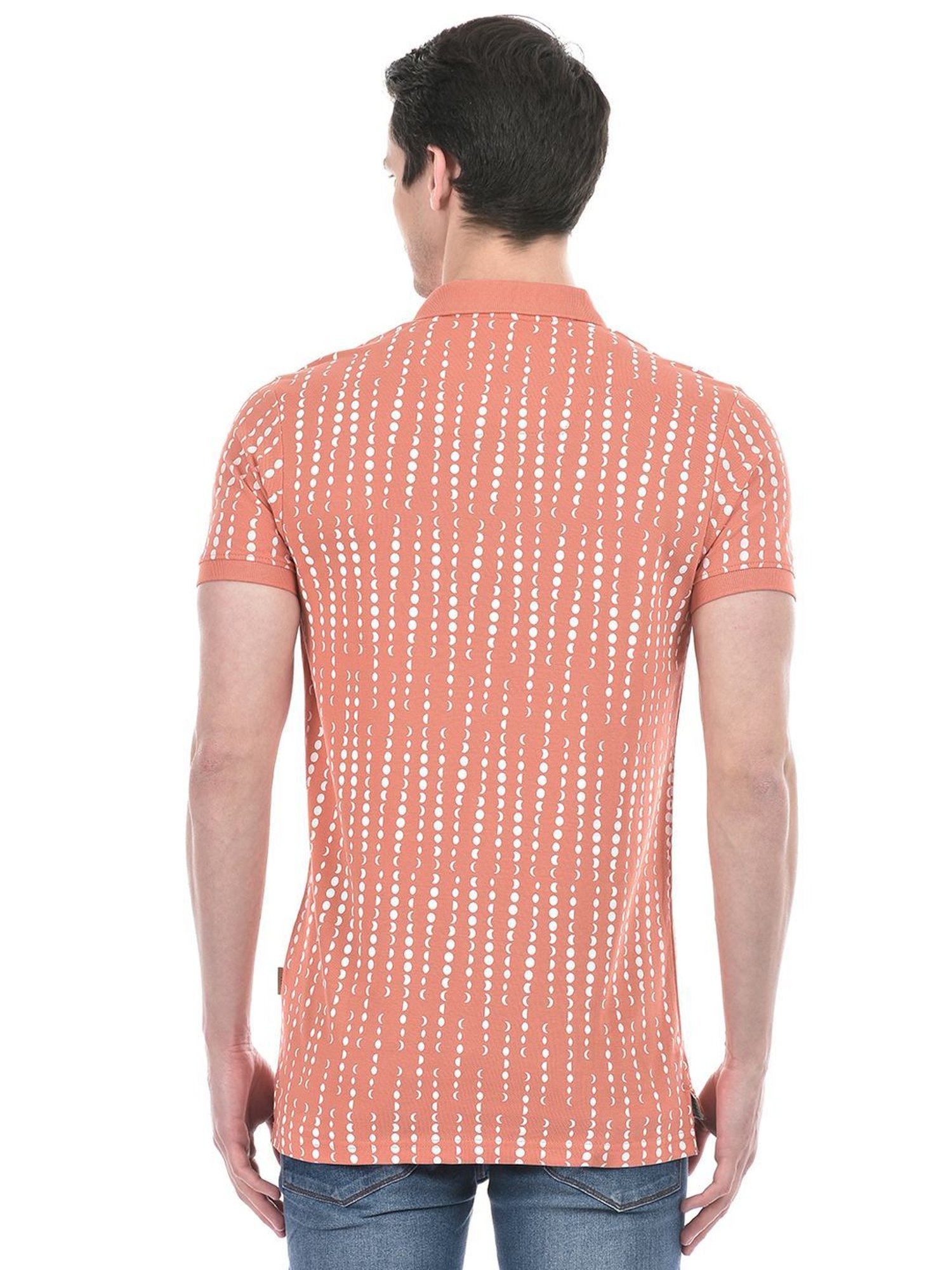 Numero Uno Dusty Orange Cotton Slim Fit Printed Polo T-Shirt