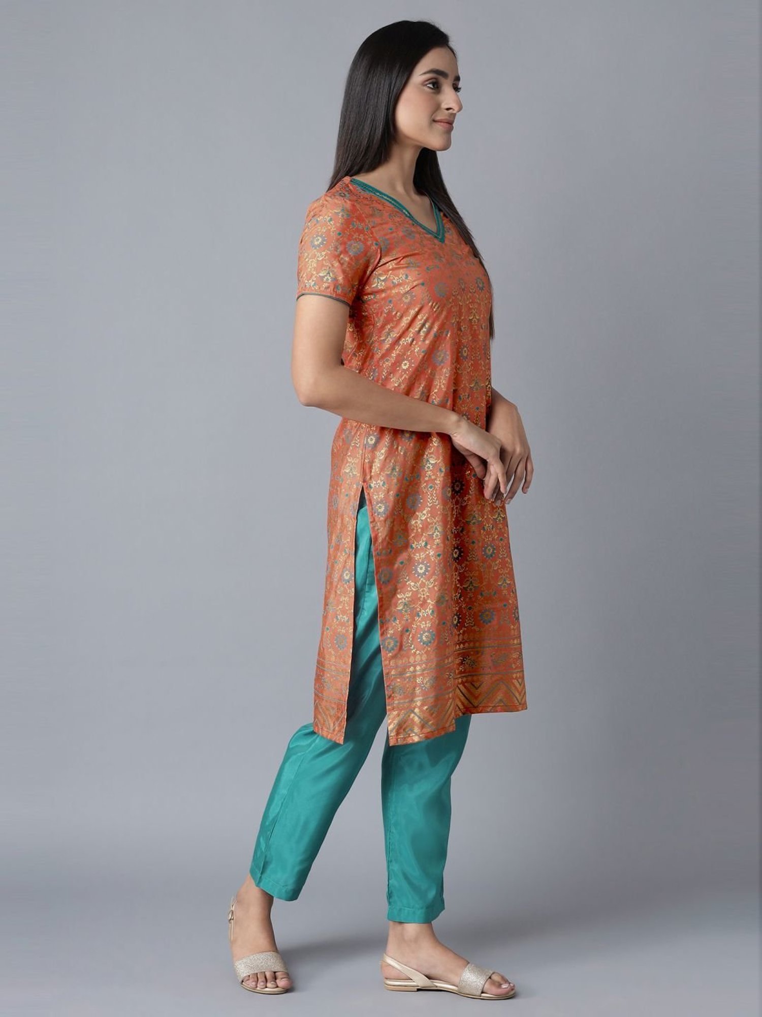 Aure by Aurelia Orange & Green Printed Kurta Pant Set
